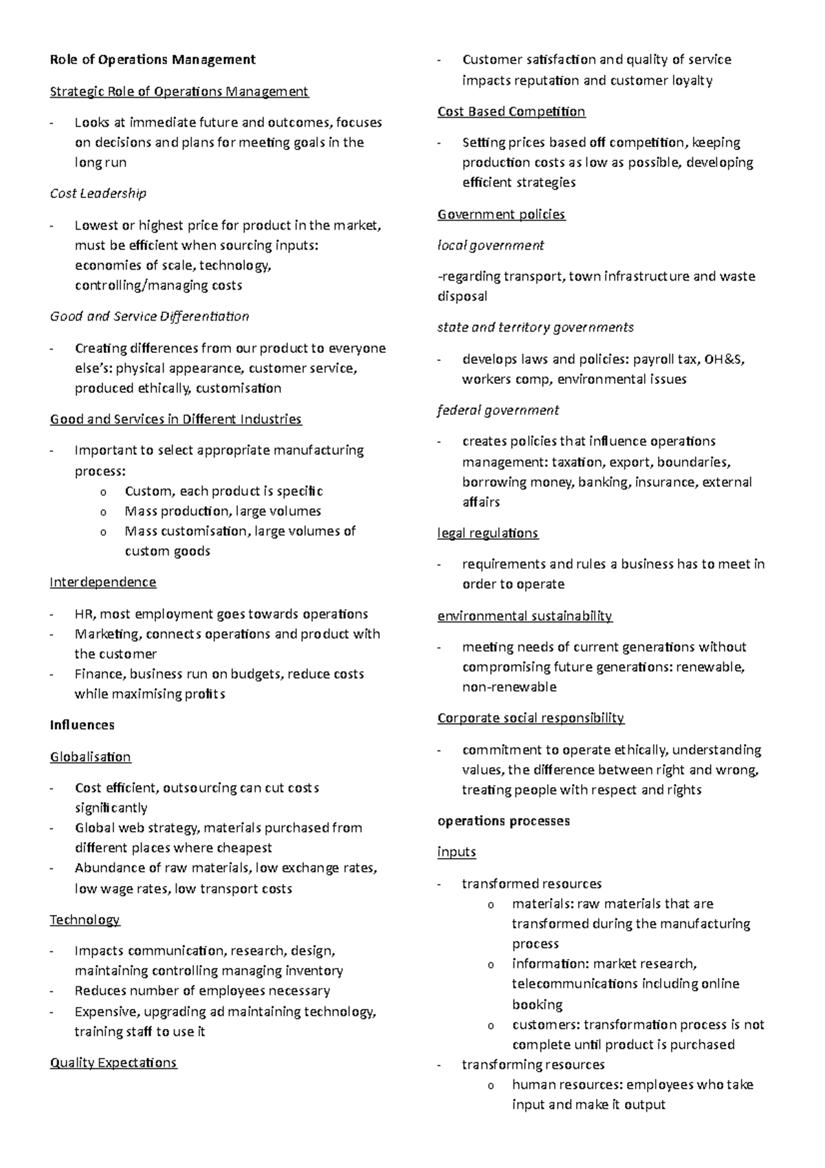 Business Notes - Role of Operations Management Strategic Role of ...