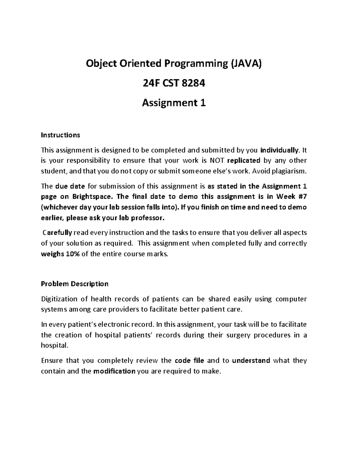 Assignment 1- CST 8284 - USE - Object Oriented Programming (JAVA) 24 F ...