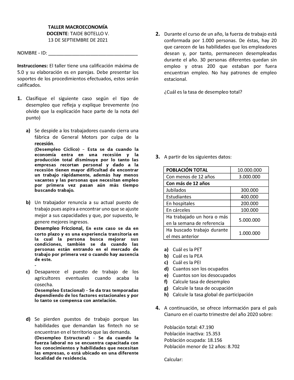 Trabajo - Ejercicios - Desempleo - Macroeconomia - TALLER MACROECONOMÕA ...