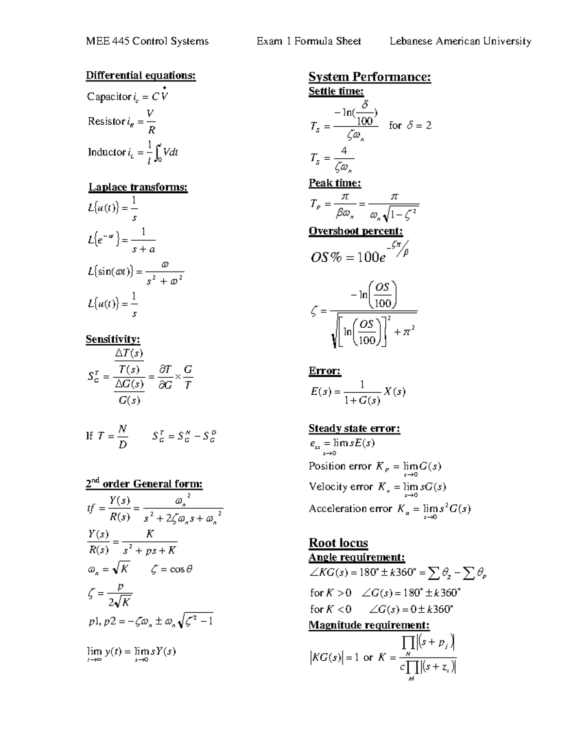 MEE 445 Formula sheet Exam1 F14 - MEE 445 Control Systems Exam 1 ...