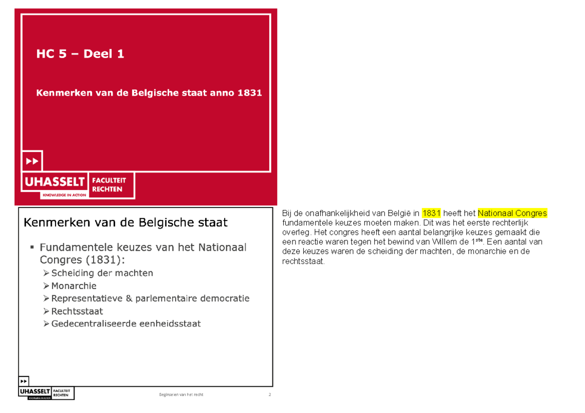 HC 5 begin rechten - Bij de onafhankelijkheid van België in 1831 heeft