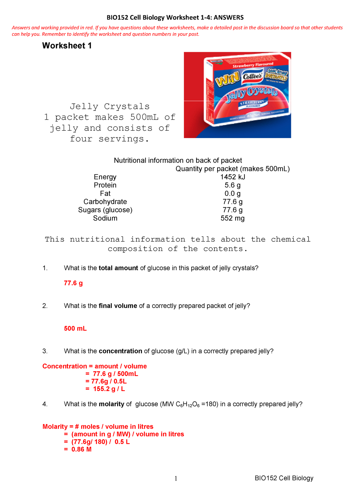 bio152 cell biology worksheet 1 4 answers worksheet 1 jelly crystals 1 packet makes 500ml of jelly studocu