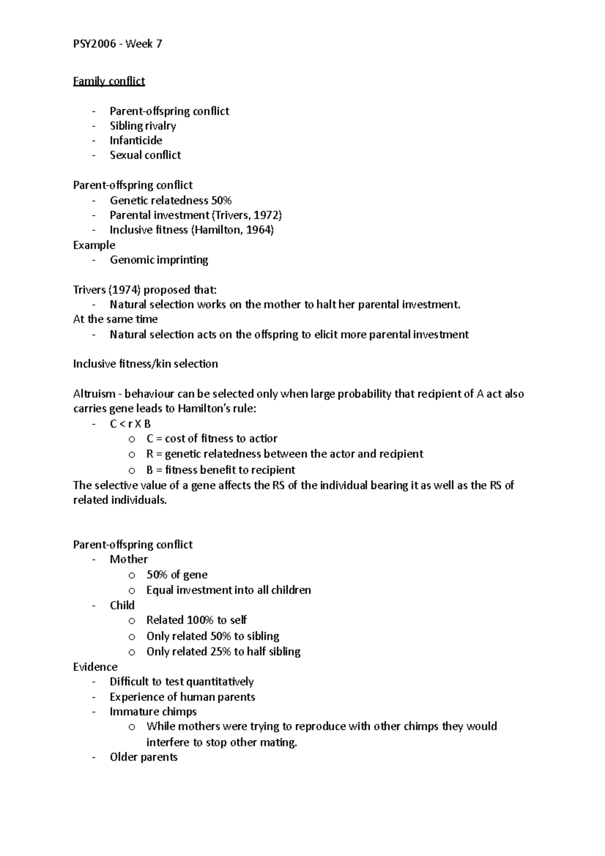 Week 7 - Family conflict - Family conflict Parent-offspring conflict ...