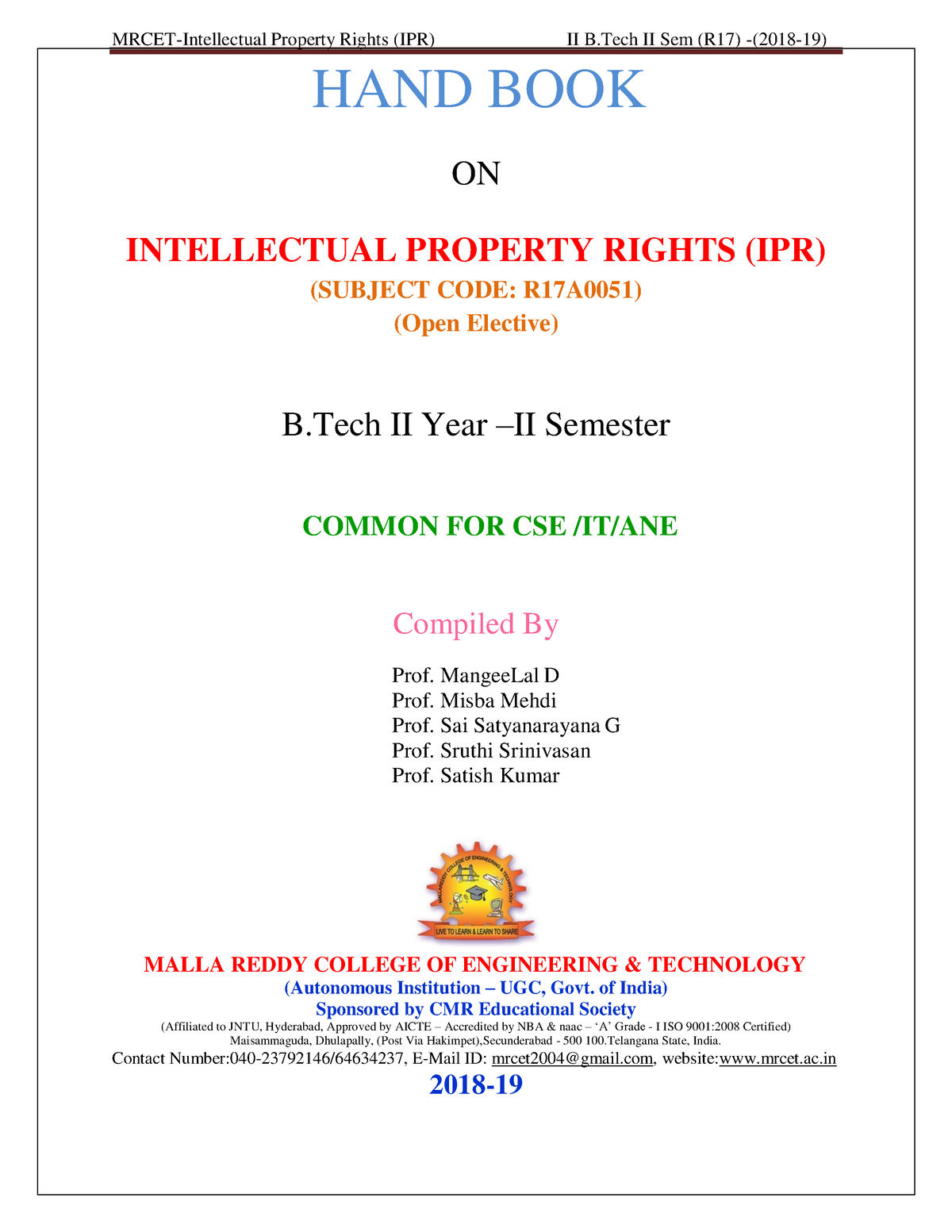 Intellectual Property Rights- Notes - HAND BOOK ON INTELLECTUAL ...