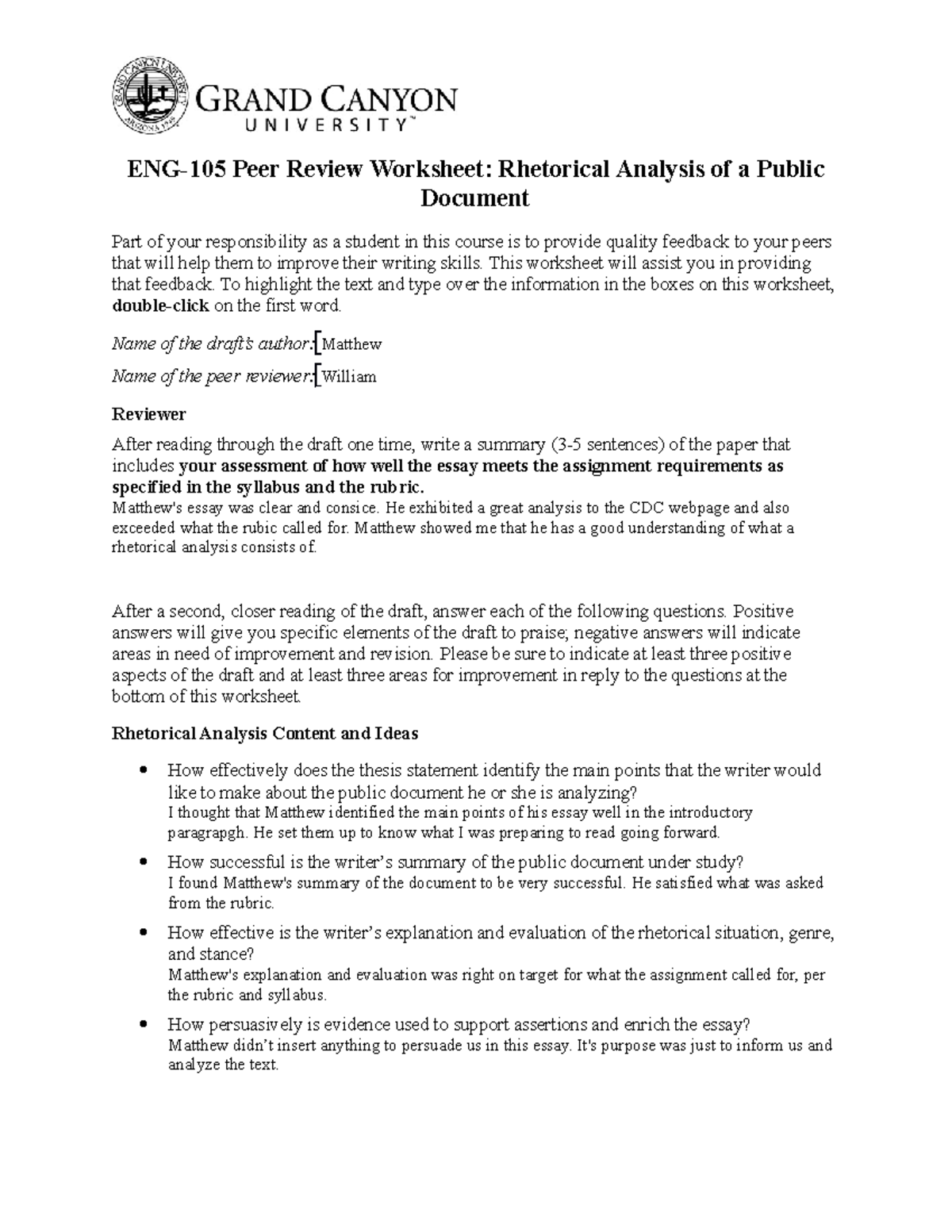 ENG-105-Matthew B Peer Review Worksheet - ENG-105 Peer Review Worksheet ...