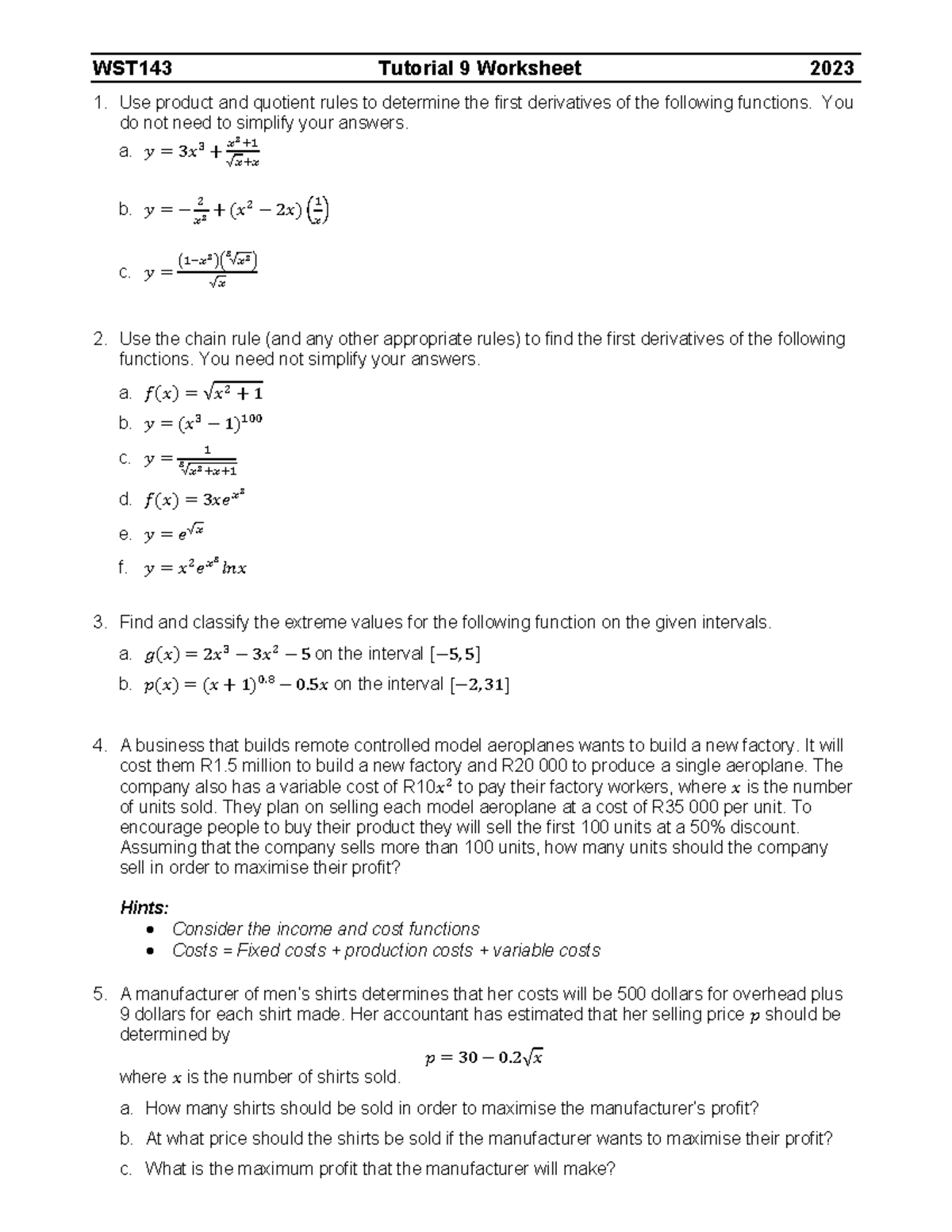 WST143 - Tutorial 9 Worksheet - 2023 - WST143 Tutorial 9 Worksheet 2023 ...