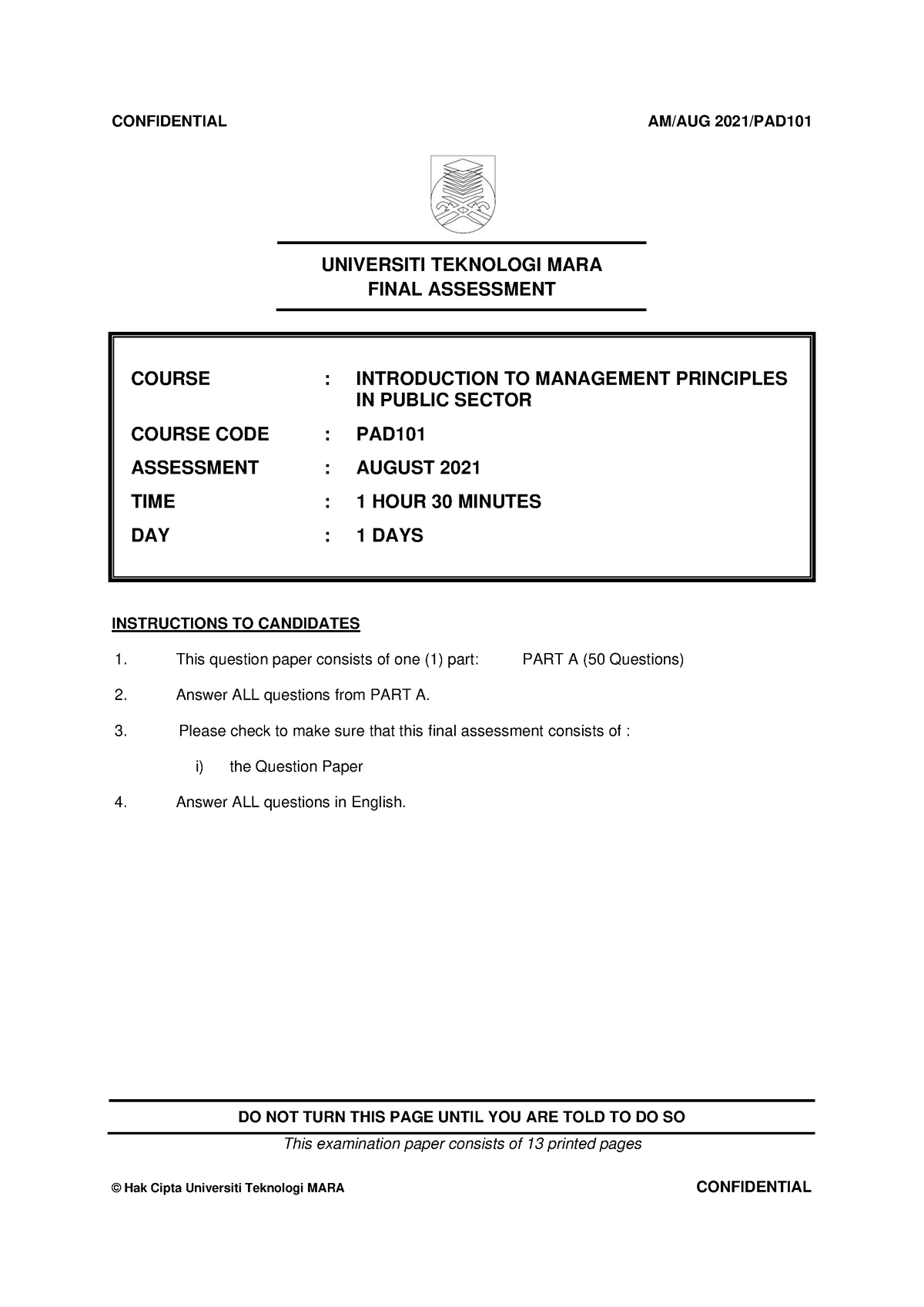 PAD101 2021 - Final Past Year Paper - UNIVERSITI TEKNOLOGI MARA FINAL ...