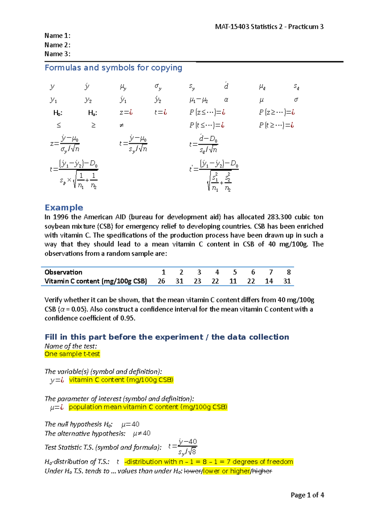 Statistiek 2 Practical 3 - Name 1: Name 2: Name 3: Formulas And Symbols ...