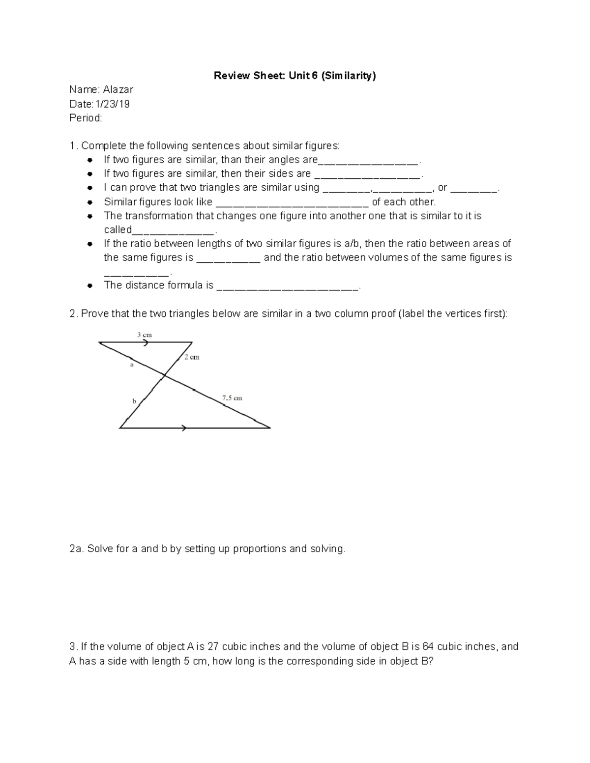 Unit 6 Review Sheet chem works Review Sheet Unit 6 (Similarity