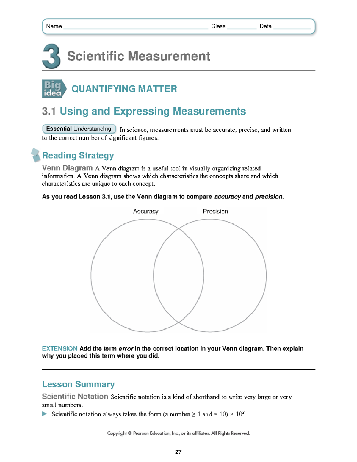 3.1 Worksheet - Scientific Measurement QUANTIFYING MATTER 3 Using and ...