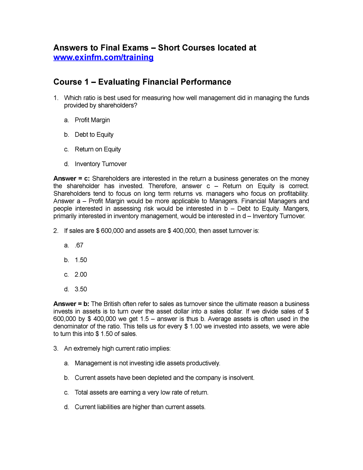 Answers To Final Exams - Financial Management - Answers To Final Exams ...