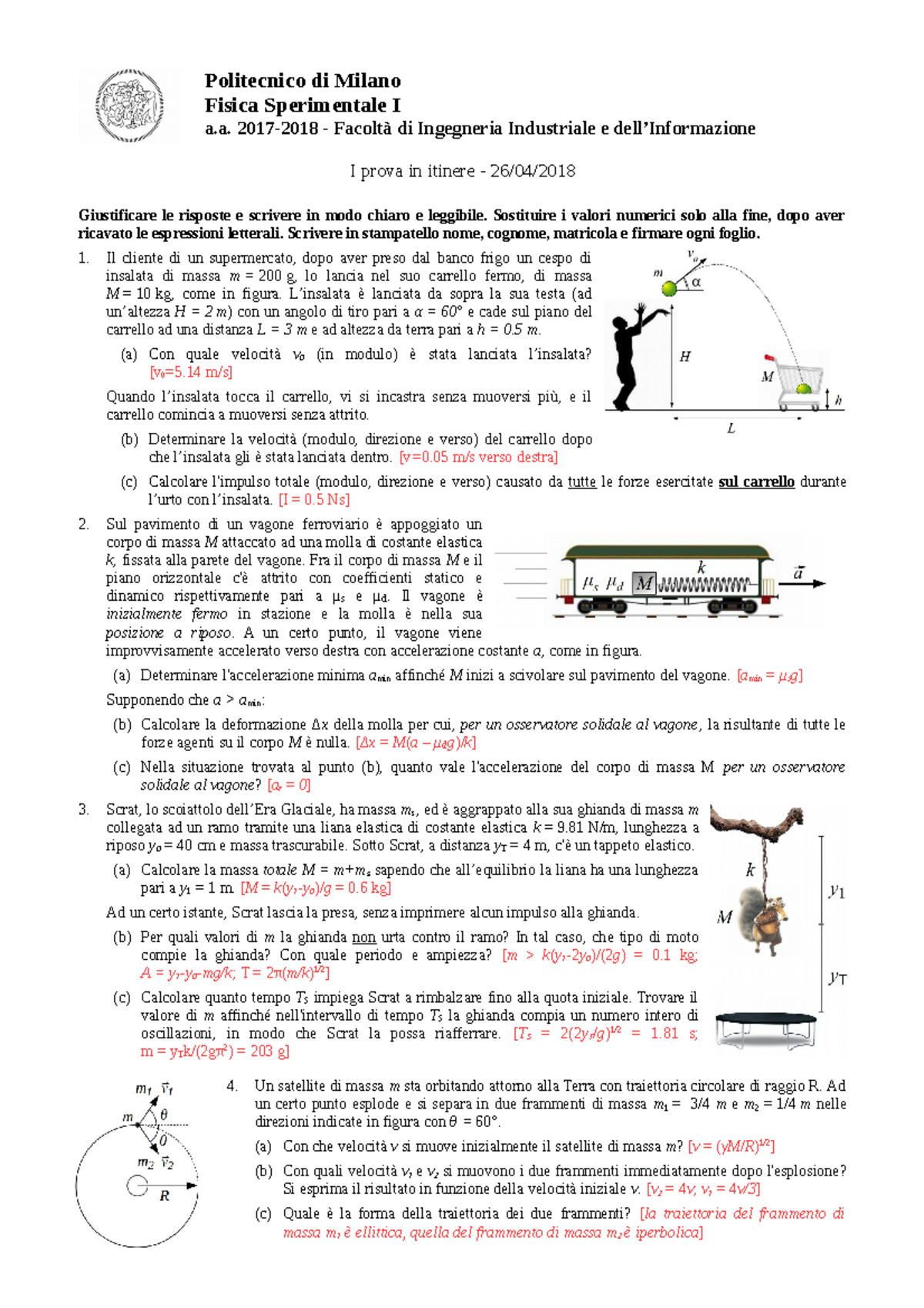 Prova In Itinere - Politecnico Di Milano Fisica Sperimentale I A. 2017 ...