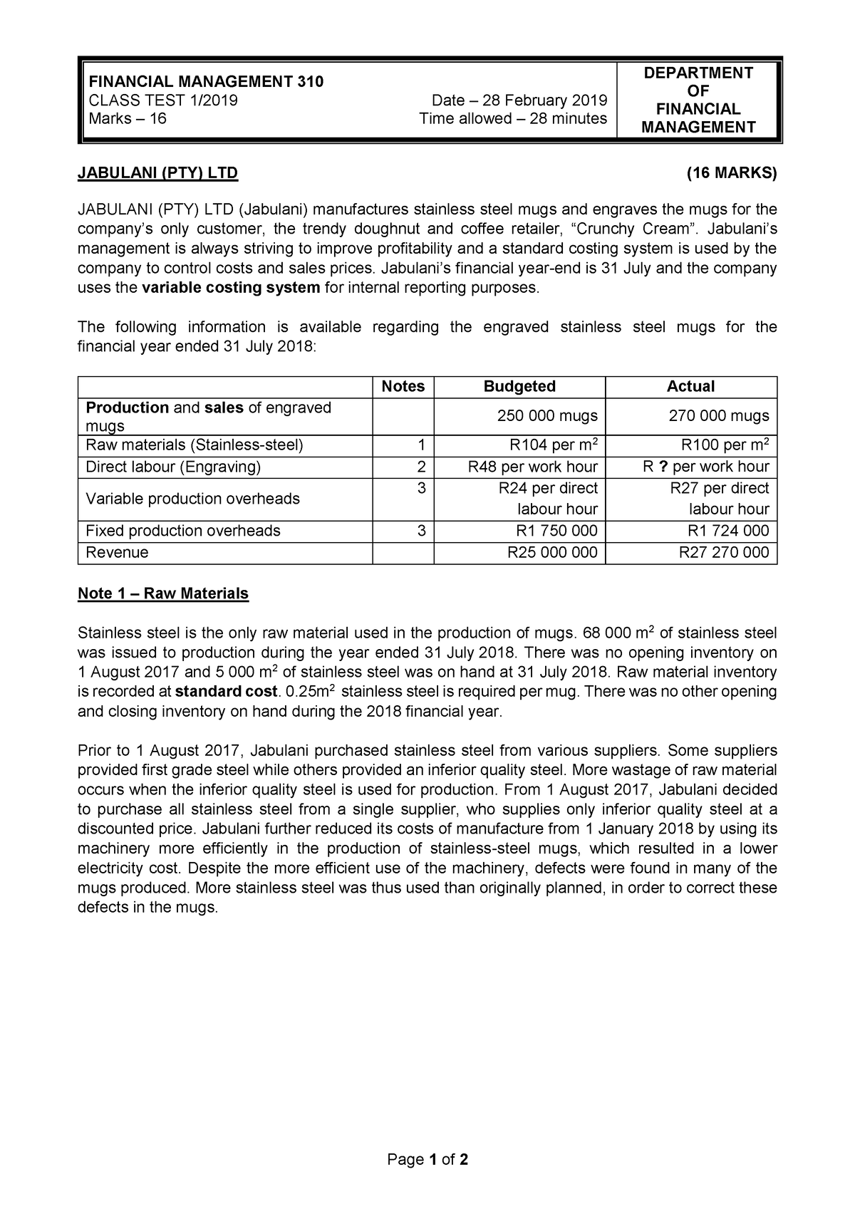 FBS 310 class test 1 past papers - Page 1 of 2 JABULANI (PTY) LTD (16 ...