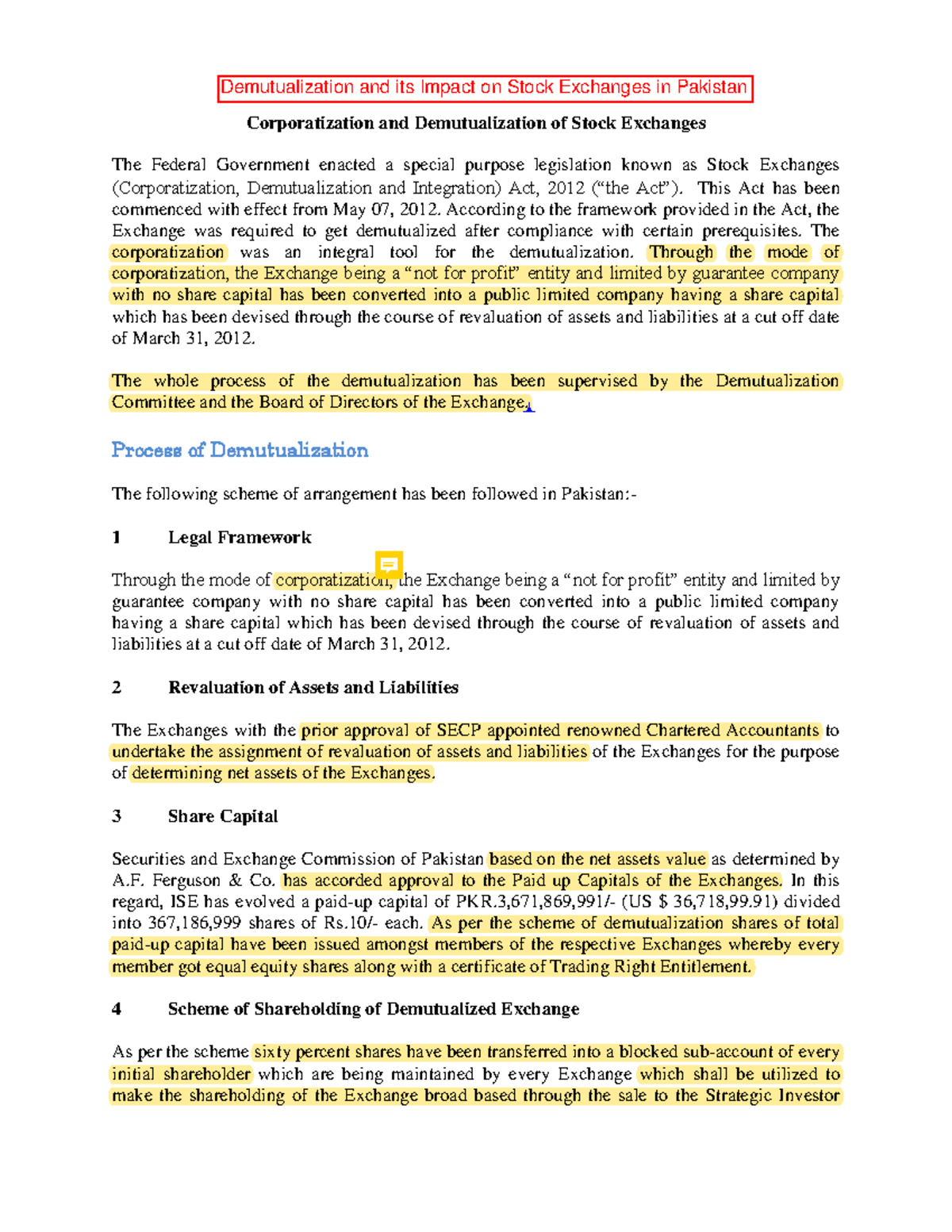 Demutualization and its Impact on Stock Exchanges in Pakistan243 Corporatization and Studocu