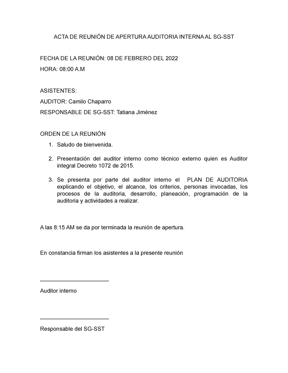 Acta De Reunión De Apertura Auditoria Interna Al Sg Acta De ReuniÓn