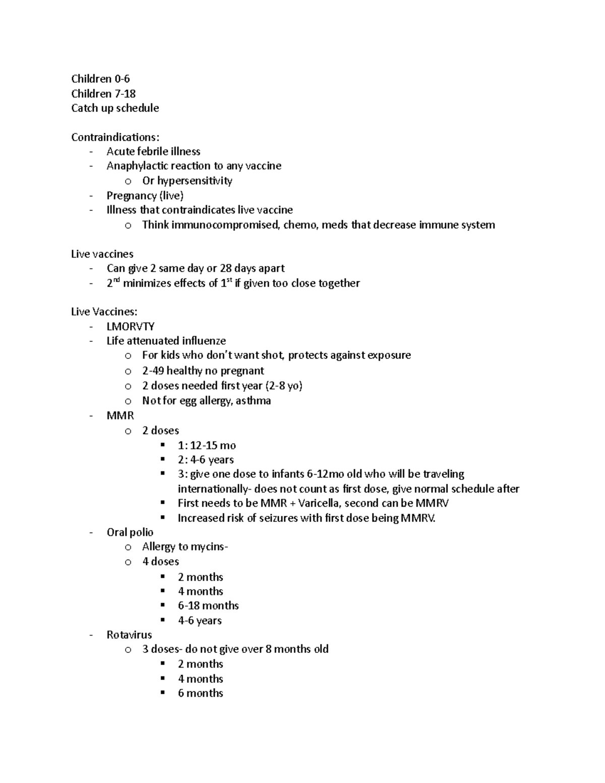 Ped vaccine - Lecture notes 1-2 - Children 0- Children 7- Catch up ...