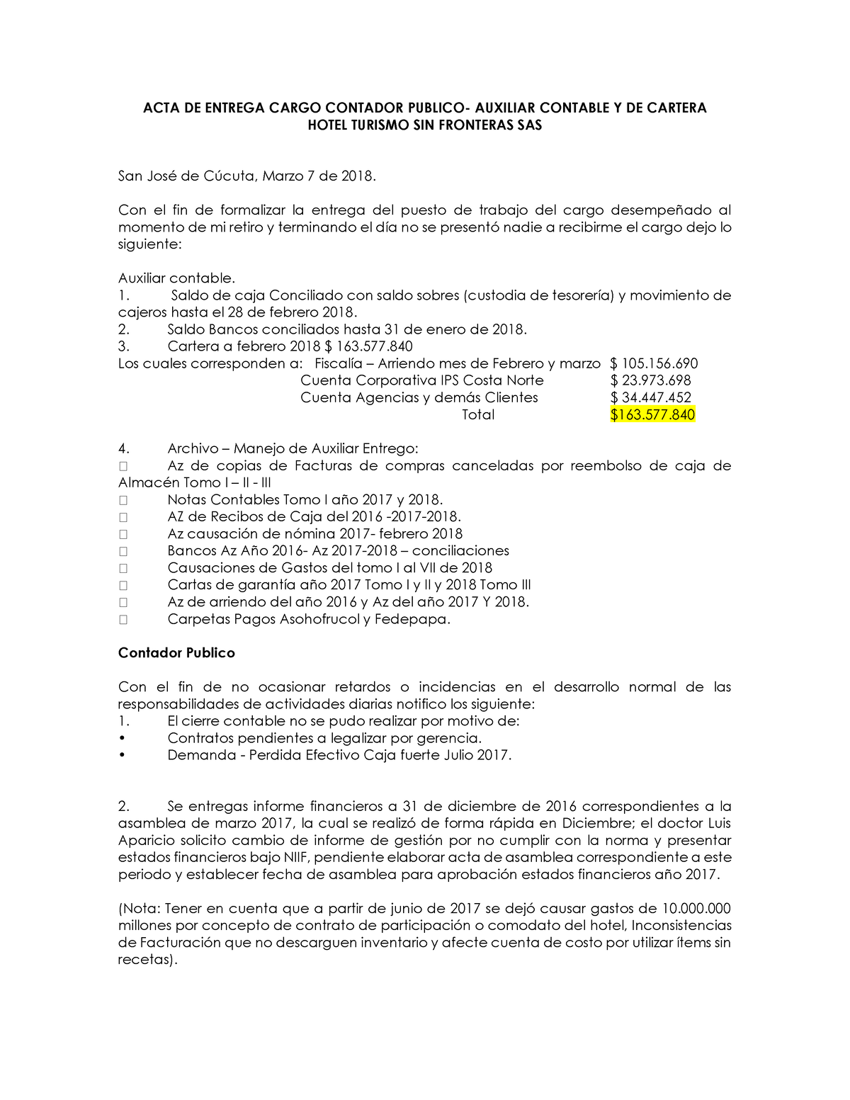 Acta De Entrega Jennifer Marquez Acta De Entrega Cargo Contador