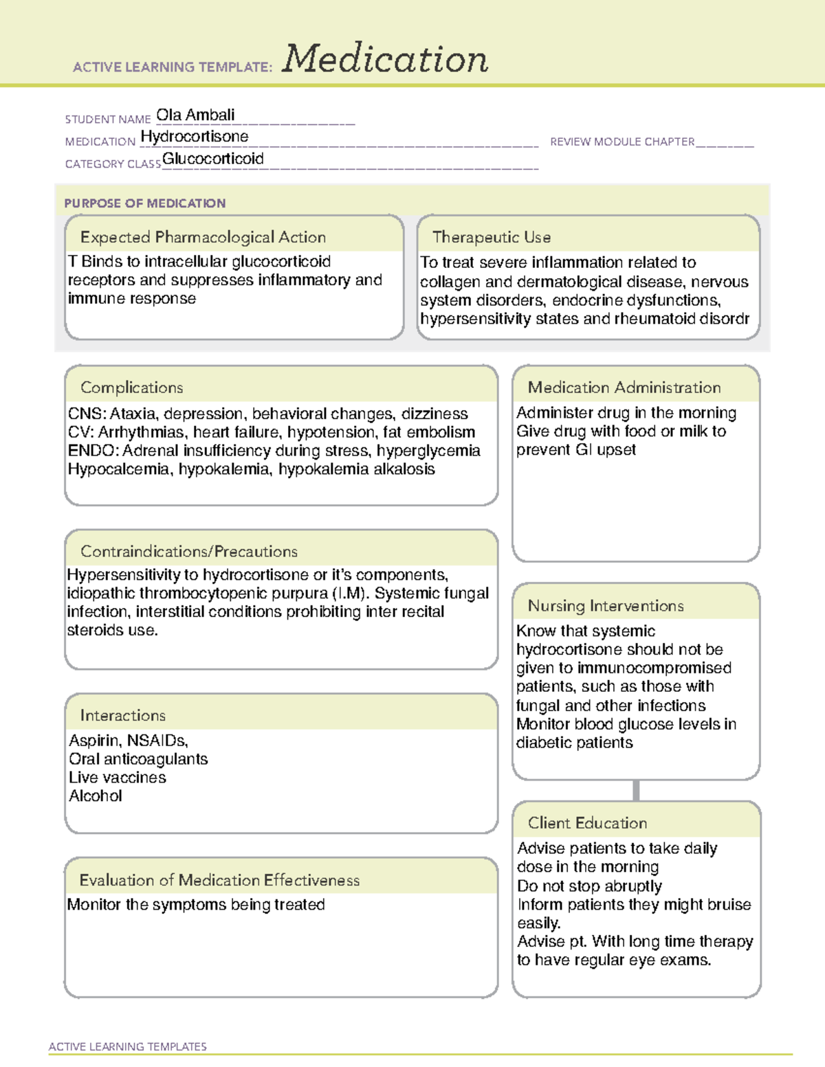 Hydrocortisone - ATI template - ACTIVE LEARNING TEMPLATES Medication ...