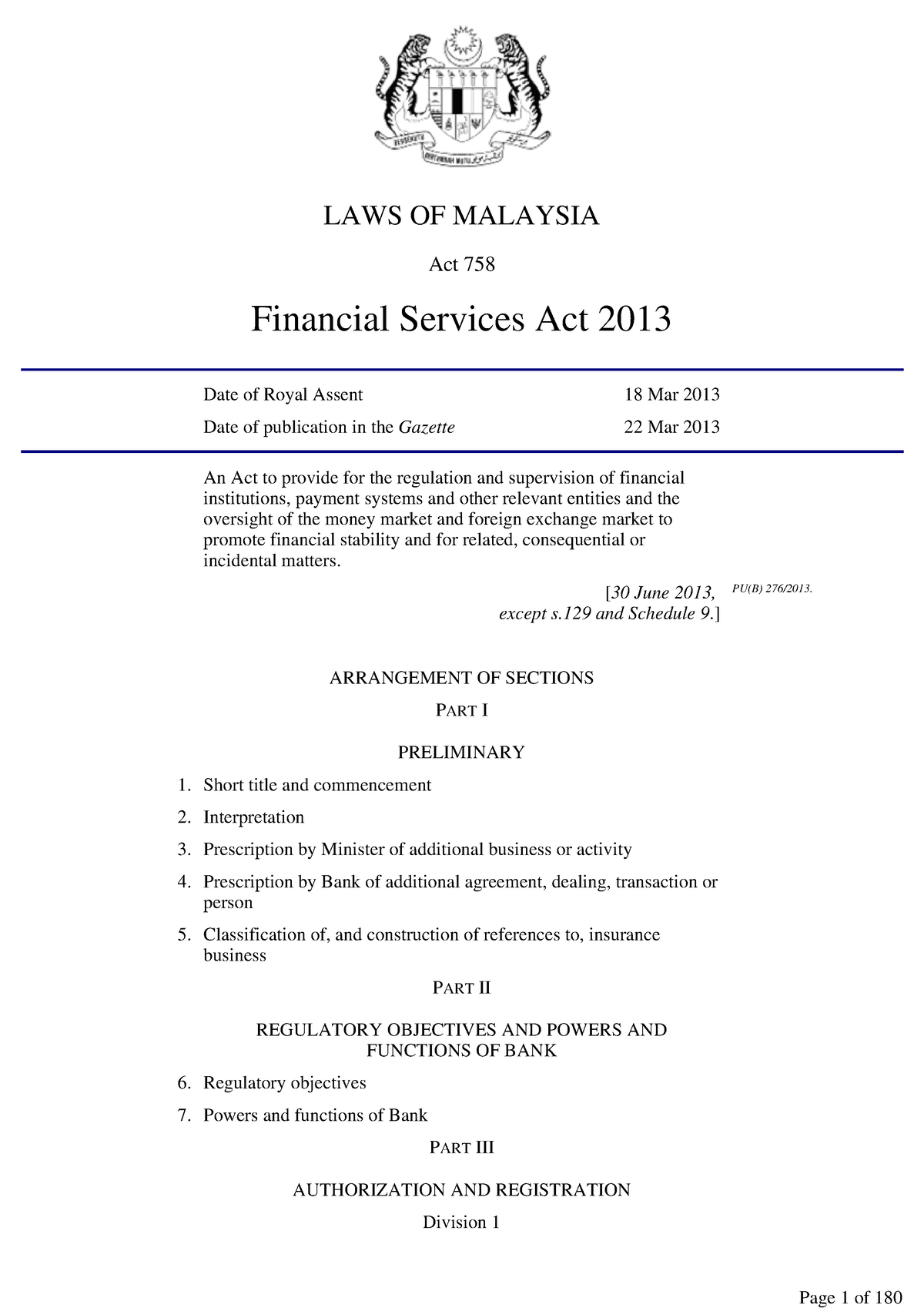 Financial Services Act 2013 BNM LAWS OF MALAYSIA Act 758 Financial