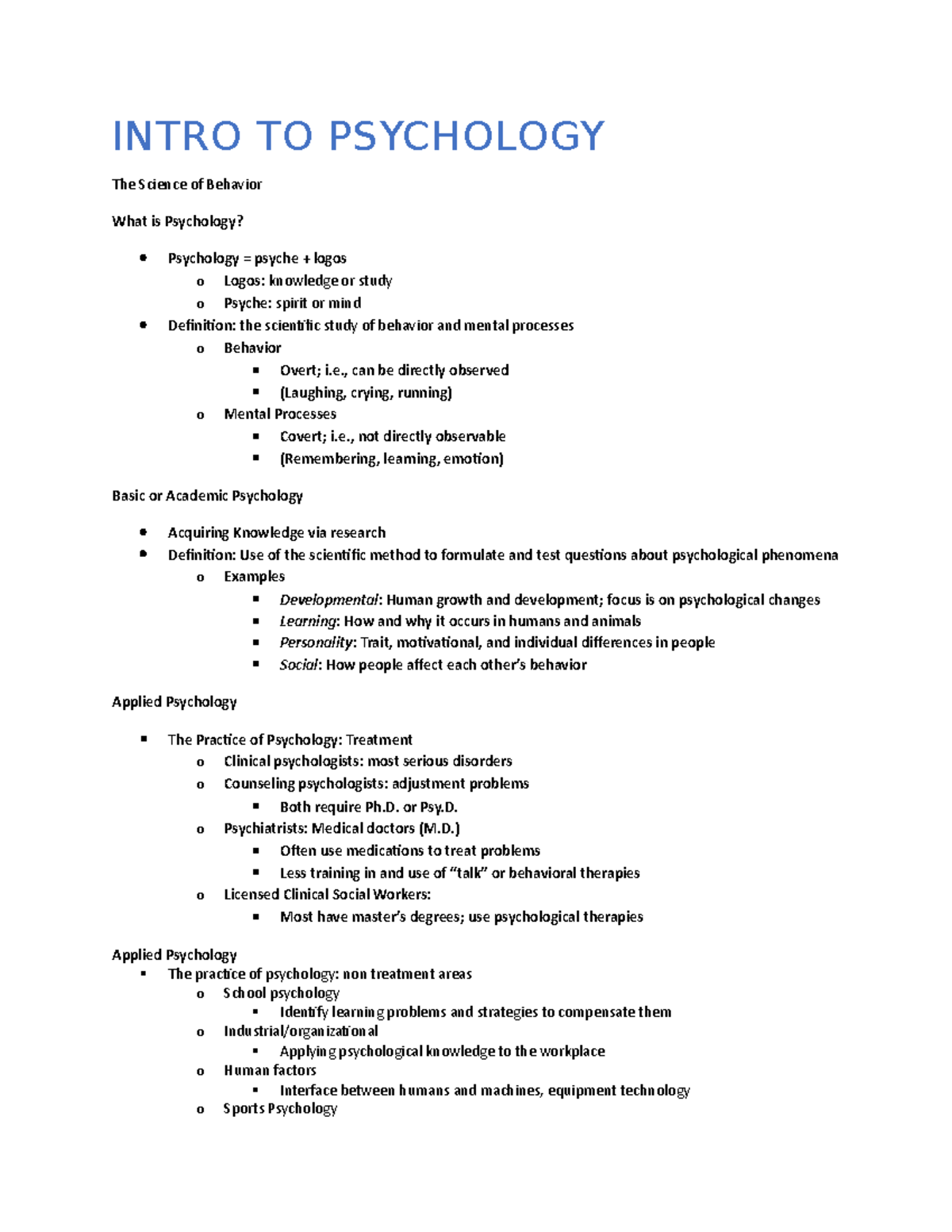 Intro To Psychology Overview Of Psychology Chapter 1 - INTRO TO ...