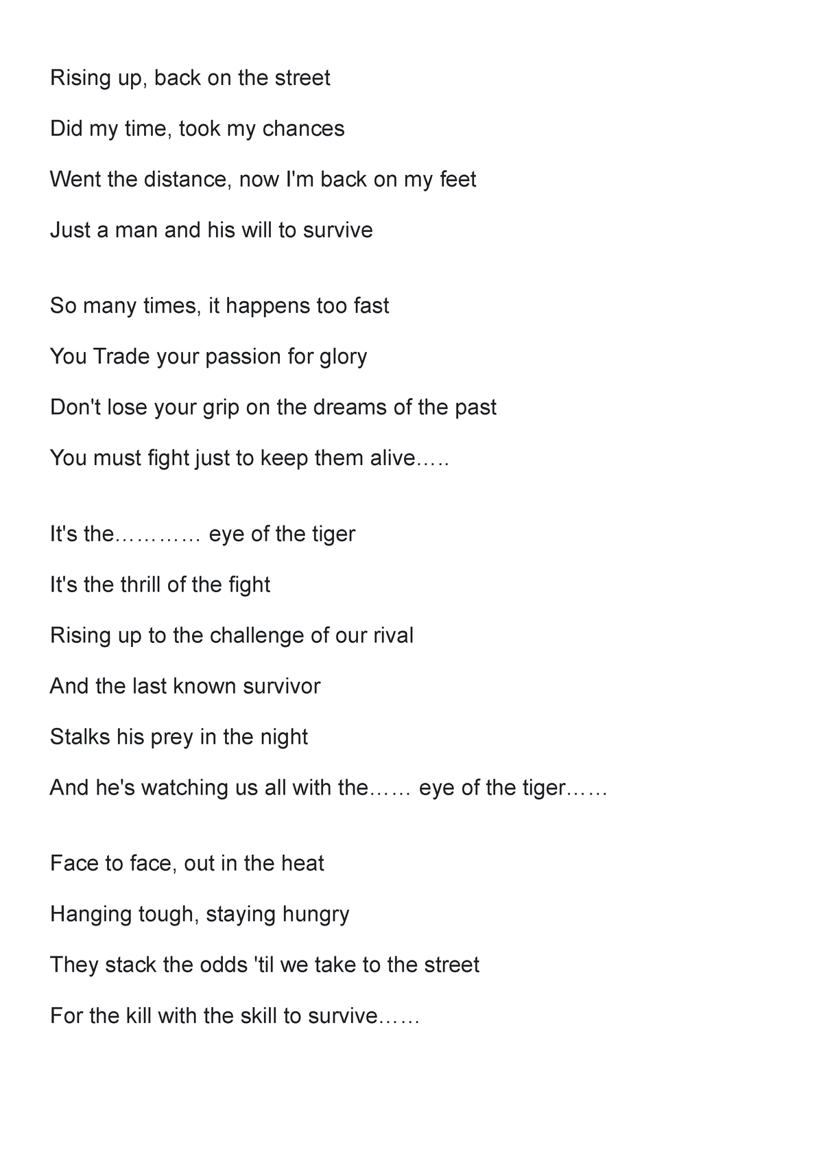 survivor eye of the tiger lyrics