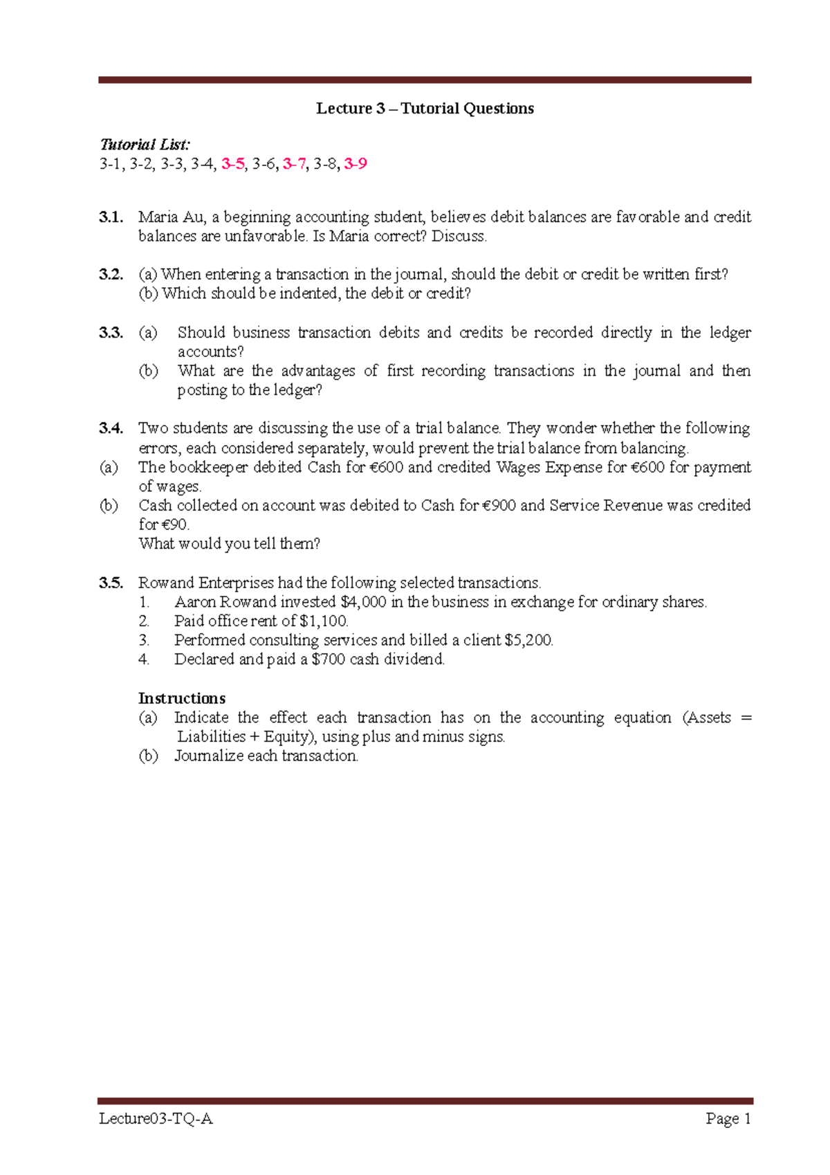 Lecture 03-TQ-A - Lecture 3 – Tutorial Questions Tutorial List: 3-1, 3 ...