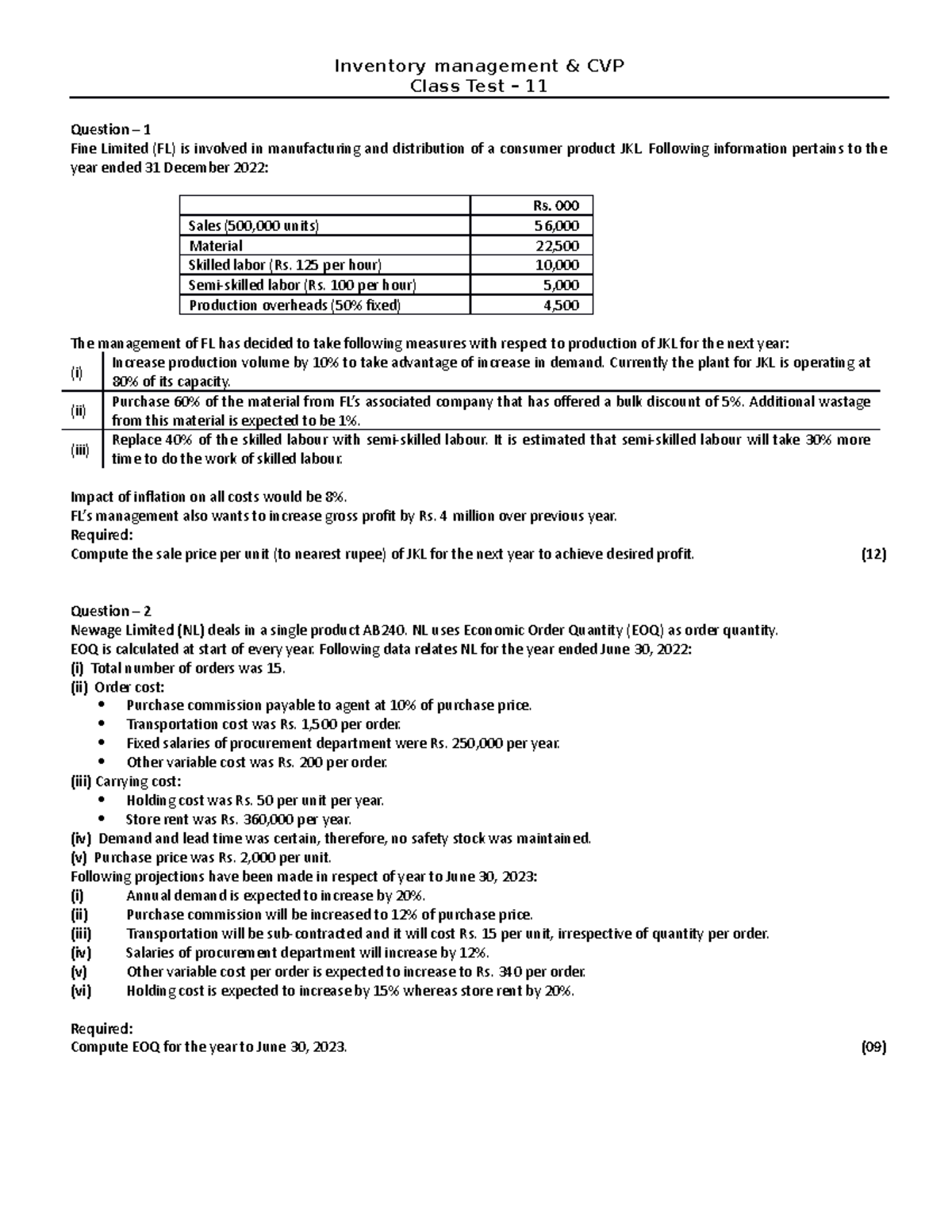 Test 11 - Inventory management and CVP - Inventory management & CVP ...