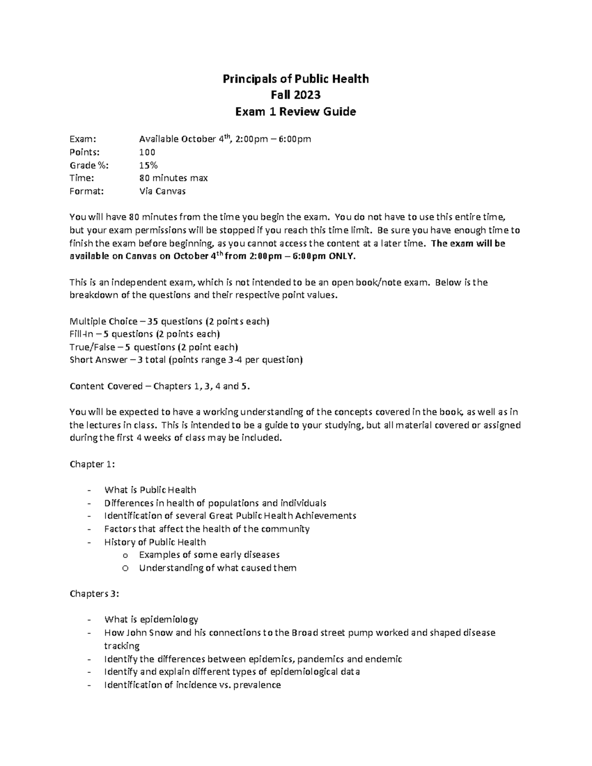 Exam 1 Review - Principals of Public Health Fall 2023 Exam 1 Review ...