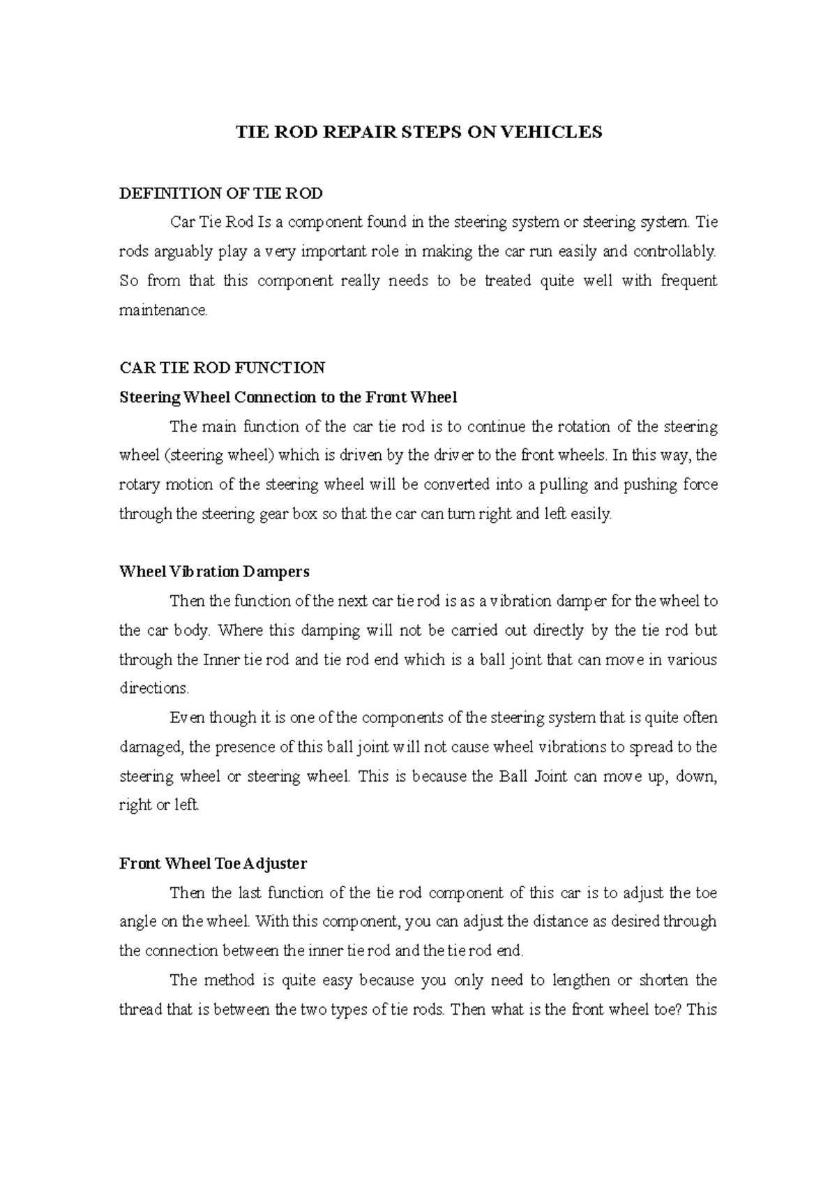 Tie Rod Repair Steps ON Vehicles TIE ROD REPAIR STEPS ON VEHICLES