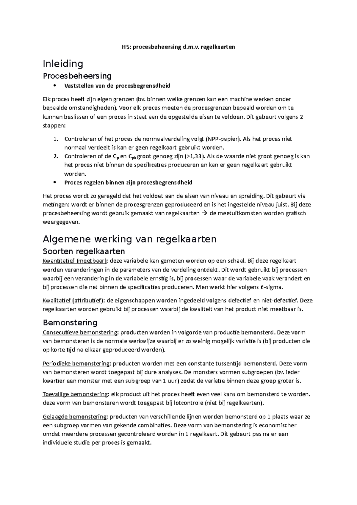 H Samenvatting H Samenvatting H Procesbeheersing D M Regelkaarten Inleiding Studocu