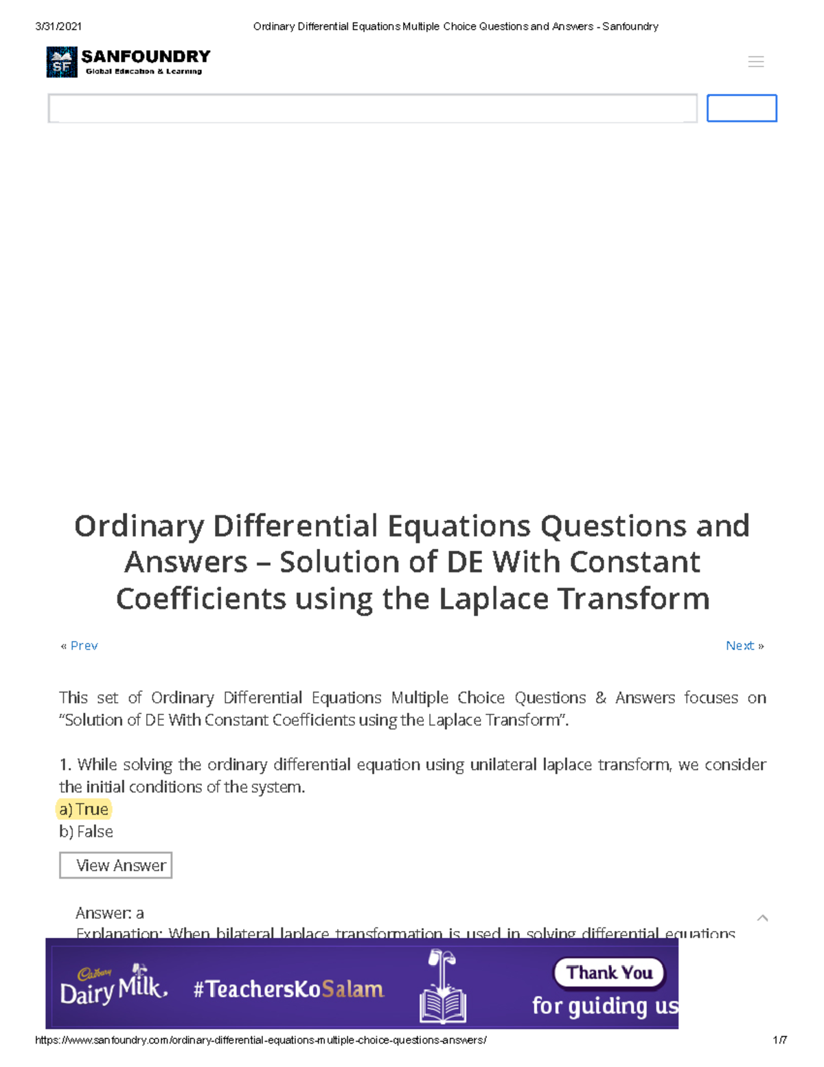 Ordinary Differential Equations Multiple Choice Questions and Answers