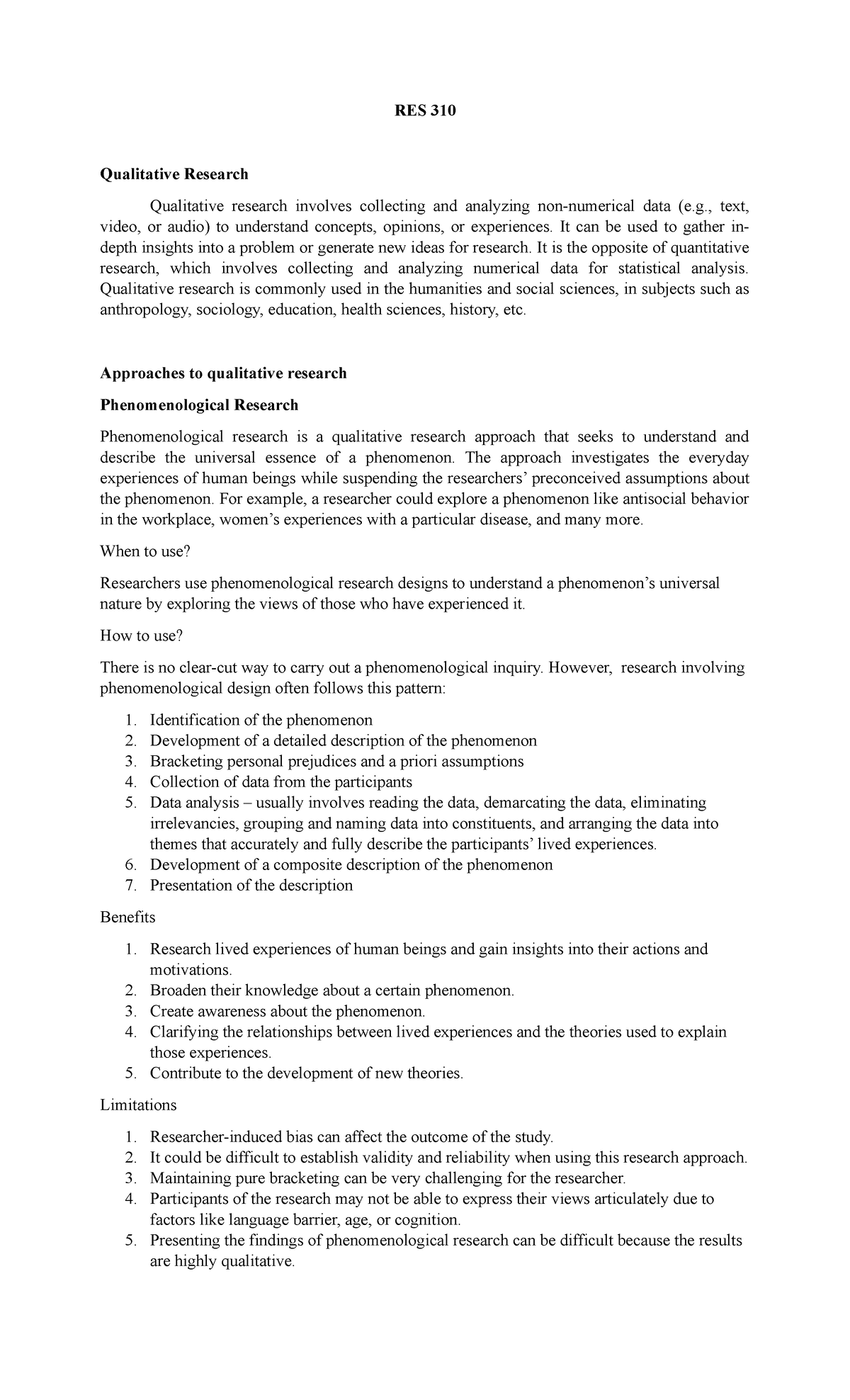 Qualitative Research Report Draft - RES 310 Qualitative Research ...