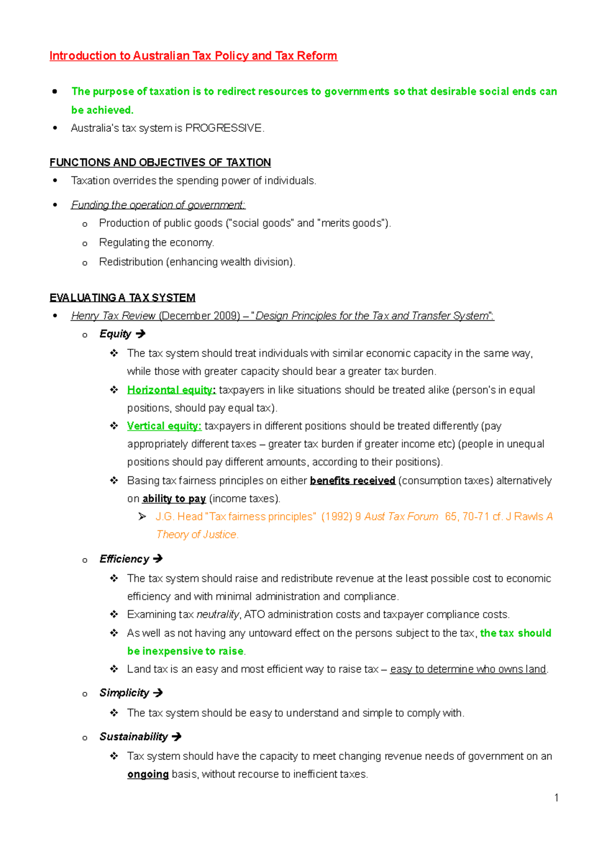Lecture notes - all lectures - Introduction to Australian Tax Policy ...