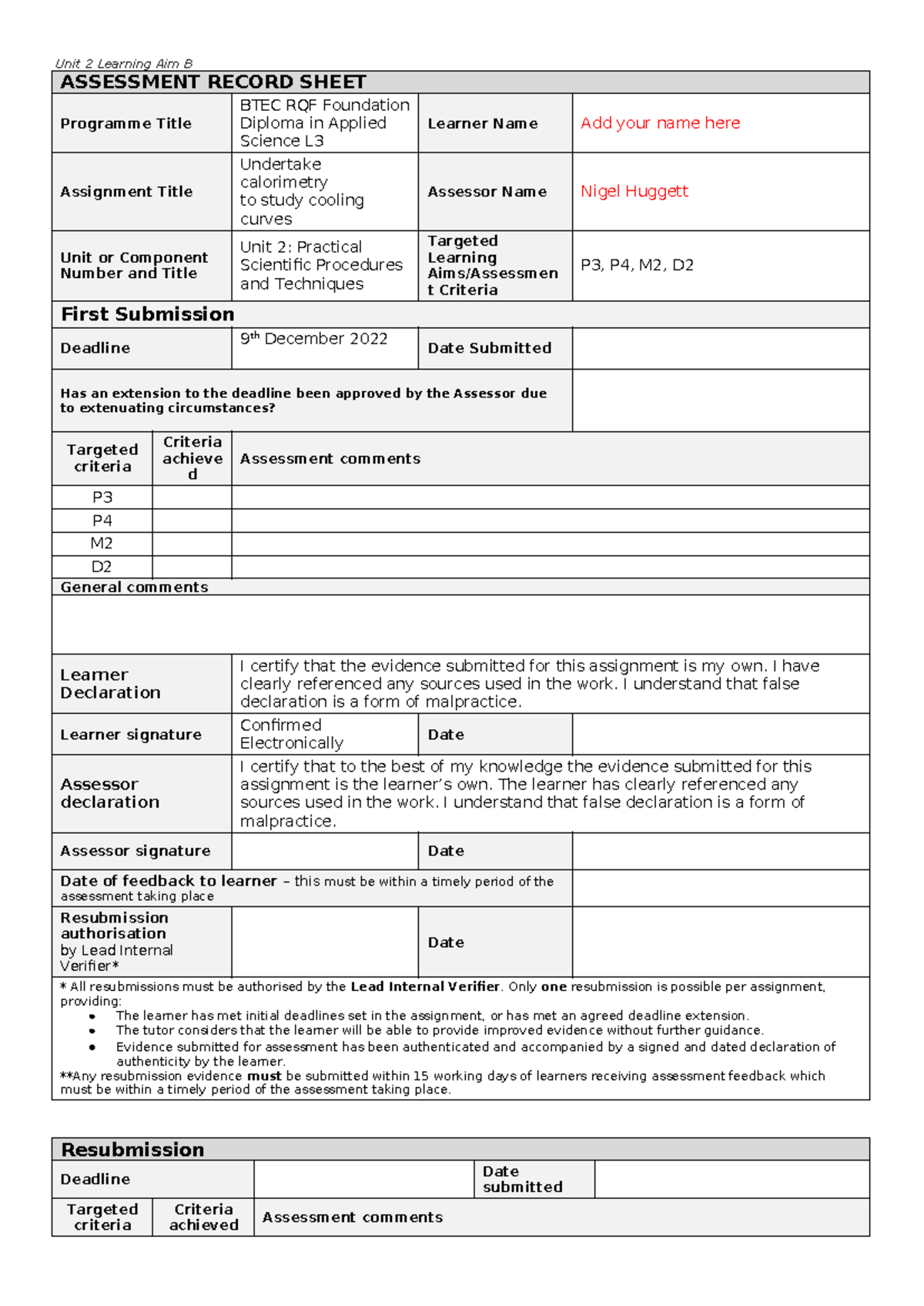 2b - unit 2 - Unit 2 Learning Aim B ASSESSMENT RECORD SHEET Programme ...