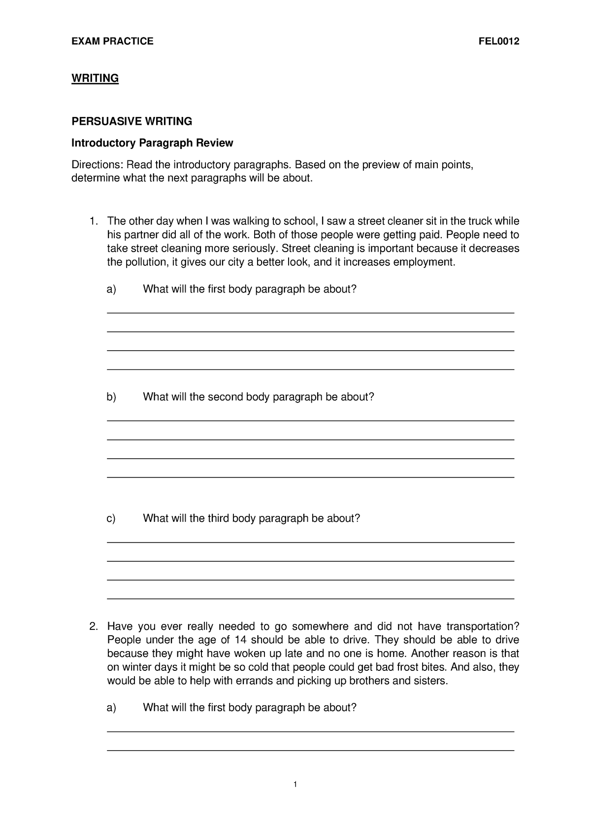 Writing Practice - WRITING PERSUASIVE WRITING Introductory Paragraph ...