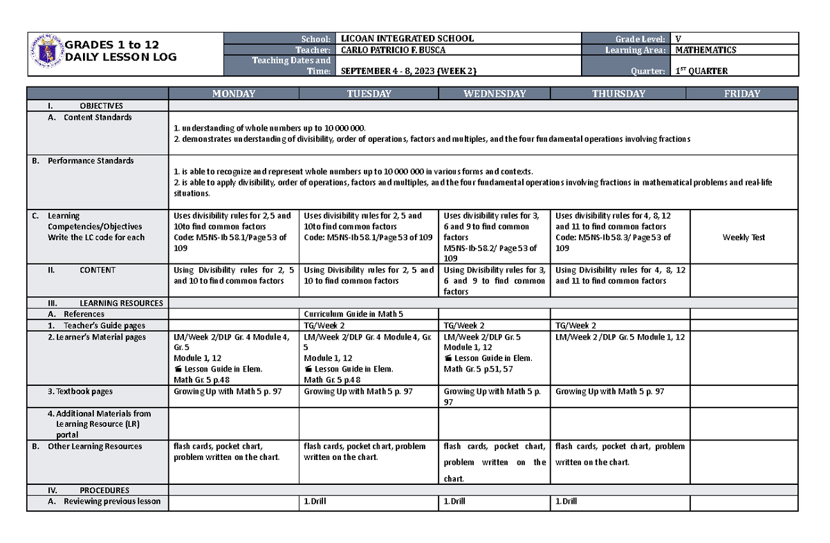 Dll Mathematics 5 Q1 W2 Dll Grades 1 To 12 Daily Lesson Log School Licoan Integrated School 2573