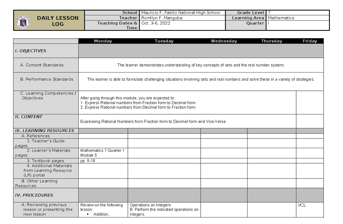 Math 7 week 5 - LESSON PLAN - DAILY LESSON LOG School Mauricio F ...