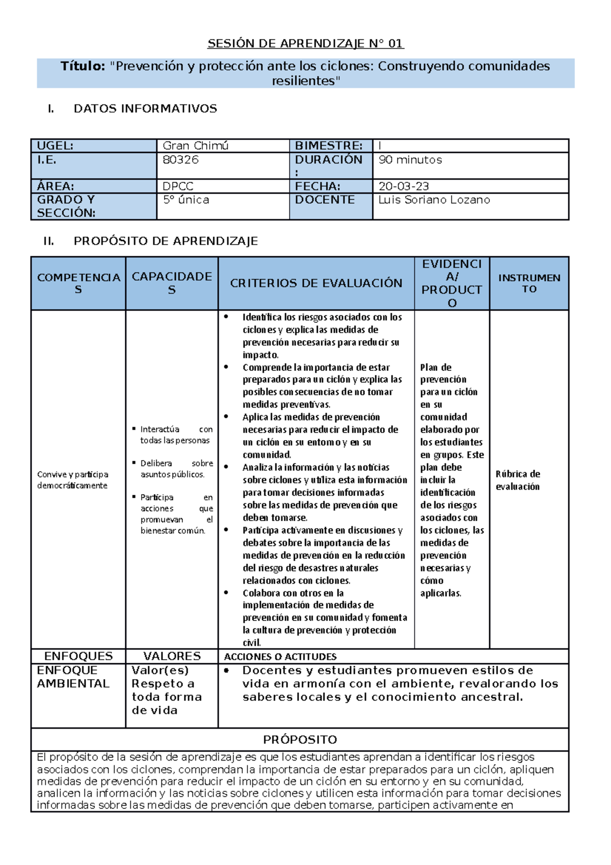 Sesión De Aprendizaje 1 2023 - SESIÓN DE APRENDIZAJE N° 01 Título ...