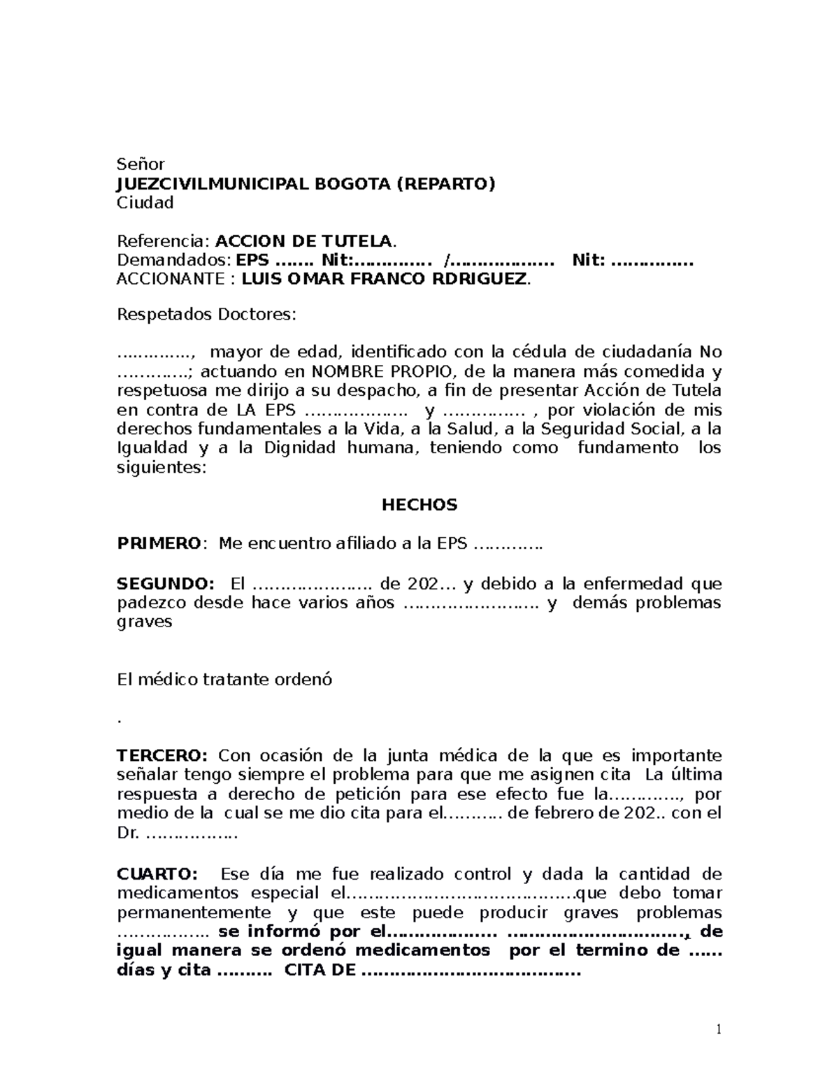 Modelo Tutela - Señor JUEZCIVILMUNICIPAL BOGOTA (REPARTO) Ciudad ...