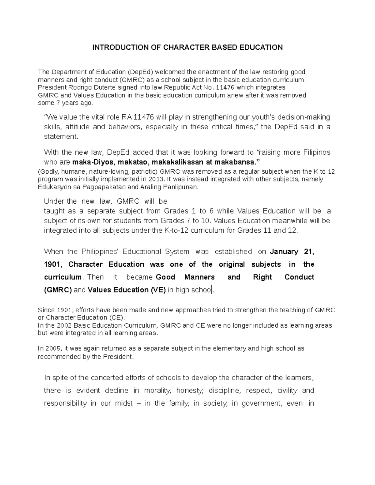 GRMC Module 1 - Character Education - INTRODUCTION OF CHARACTER BASED ...