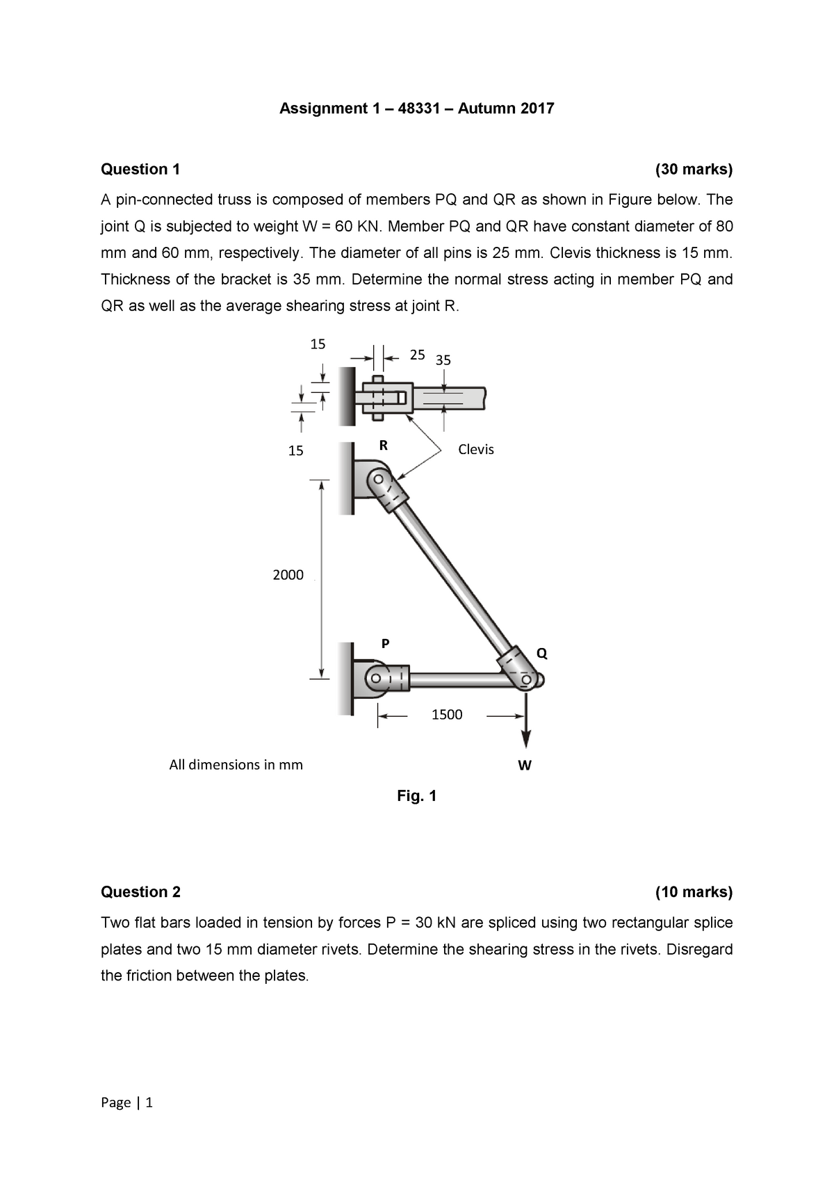 48331 Mechanics Of Solids - Assignment 1 - 2017 Autumn - Assignment 1 