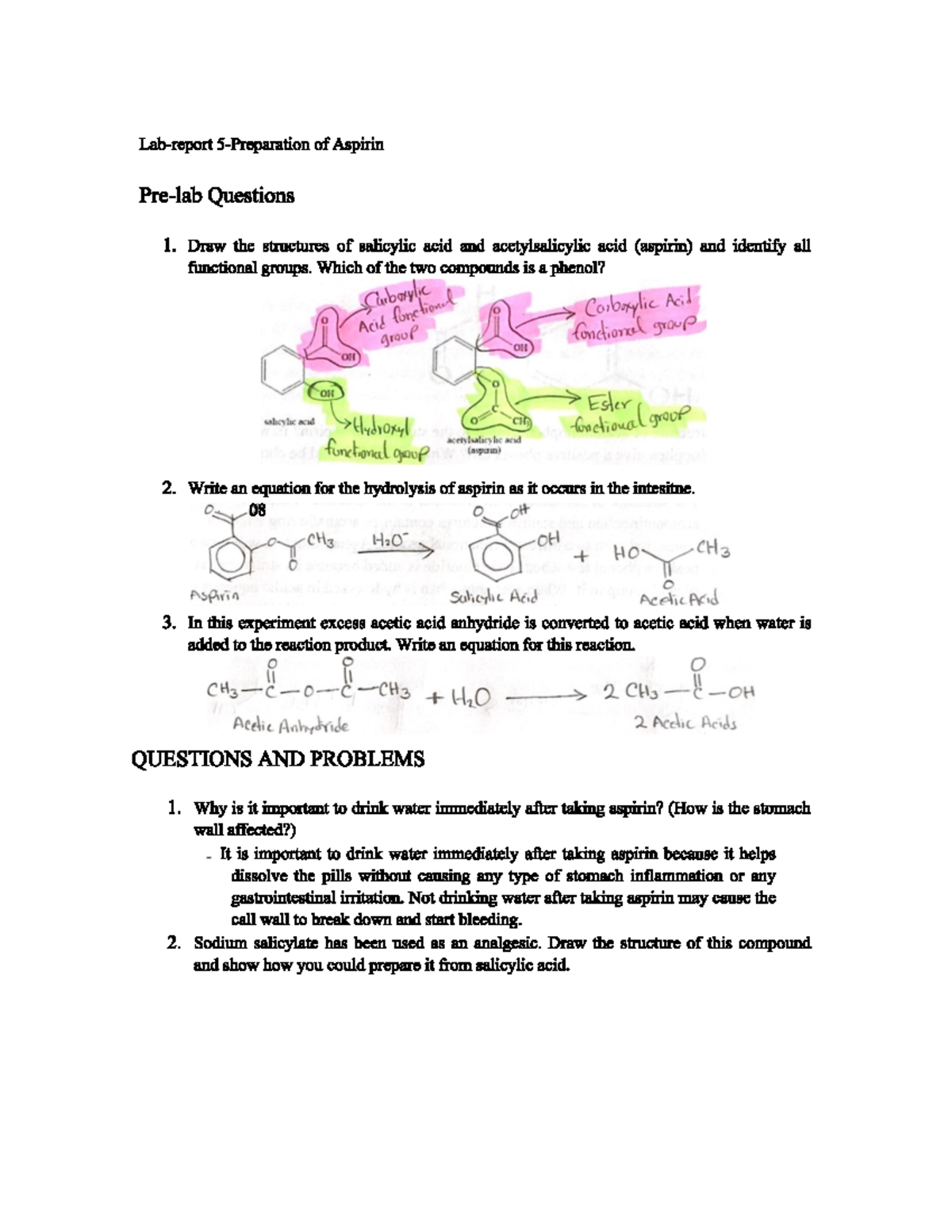 Chemistry 230 Labreport Preparation of Aspirin of Aspirin Questions