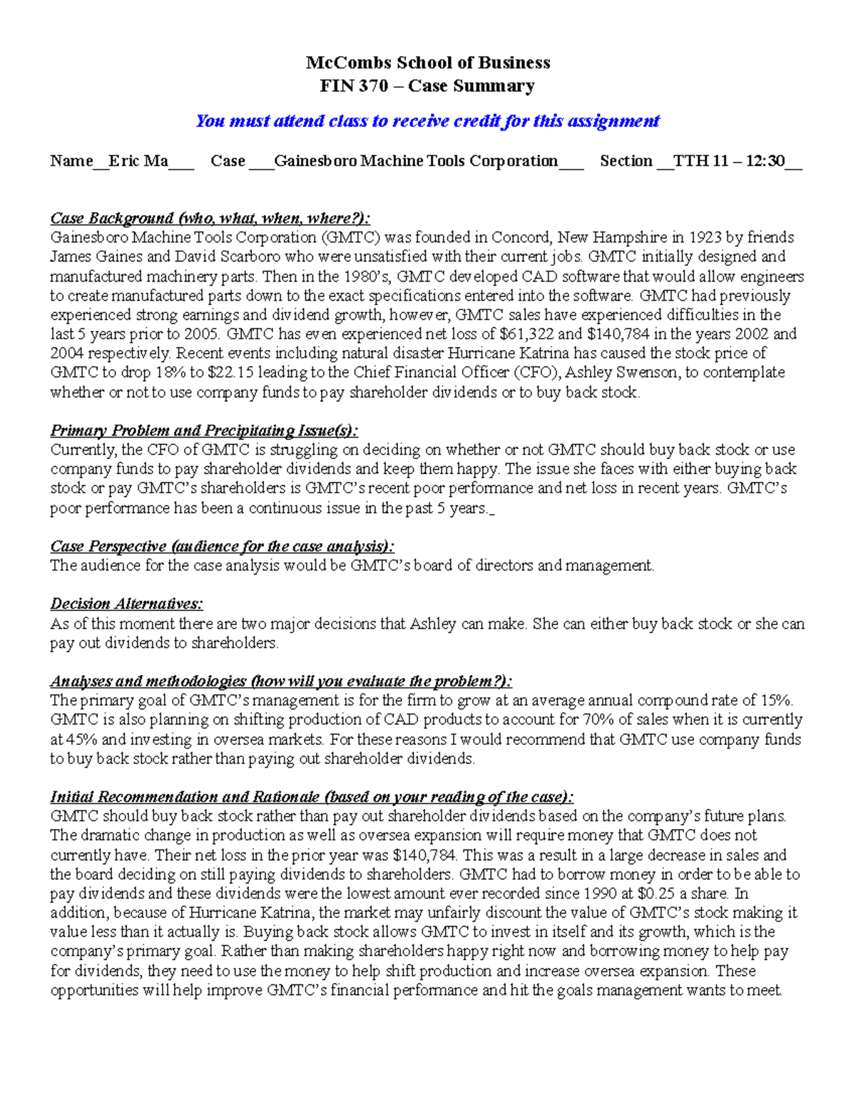 Gainesboro Case Summary School of Business FIN 370 Case