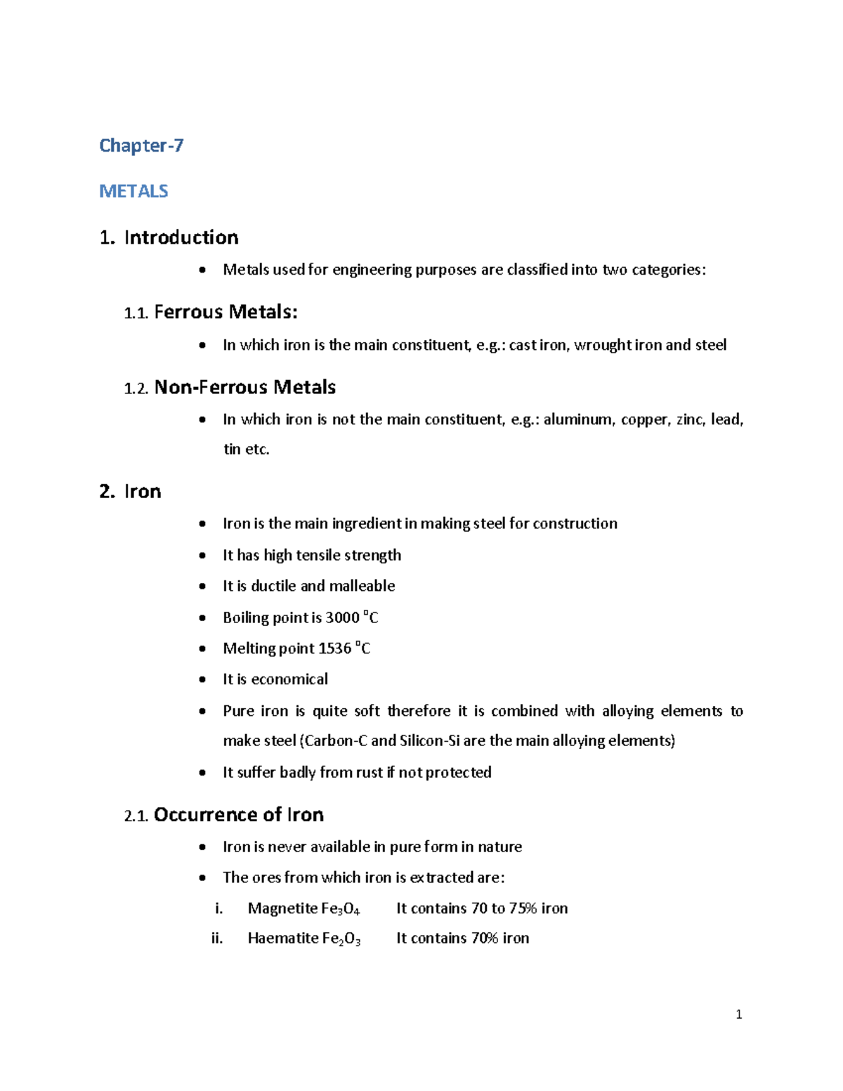 Chapter 7 Metals - Lol - Chapter‐ 7 METALS 1. Introduction Metals used ...