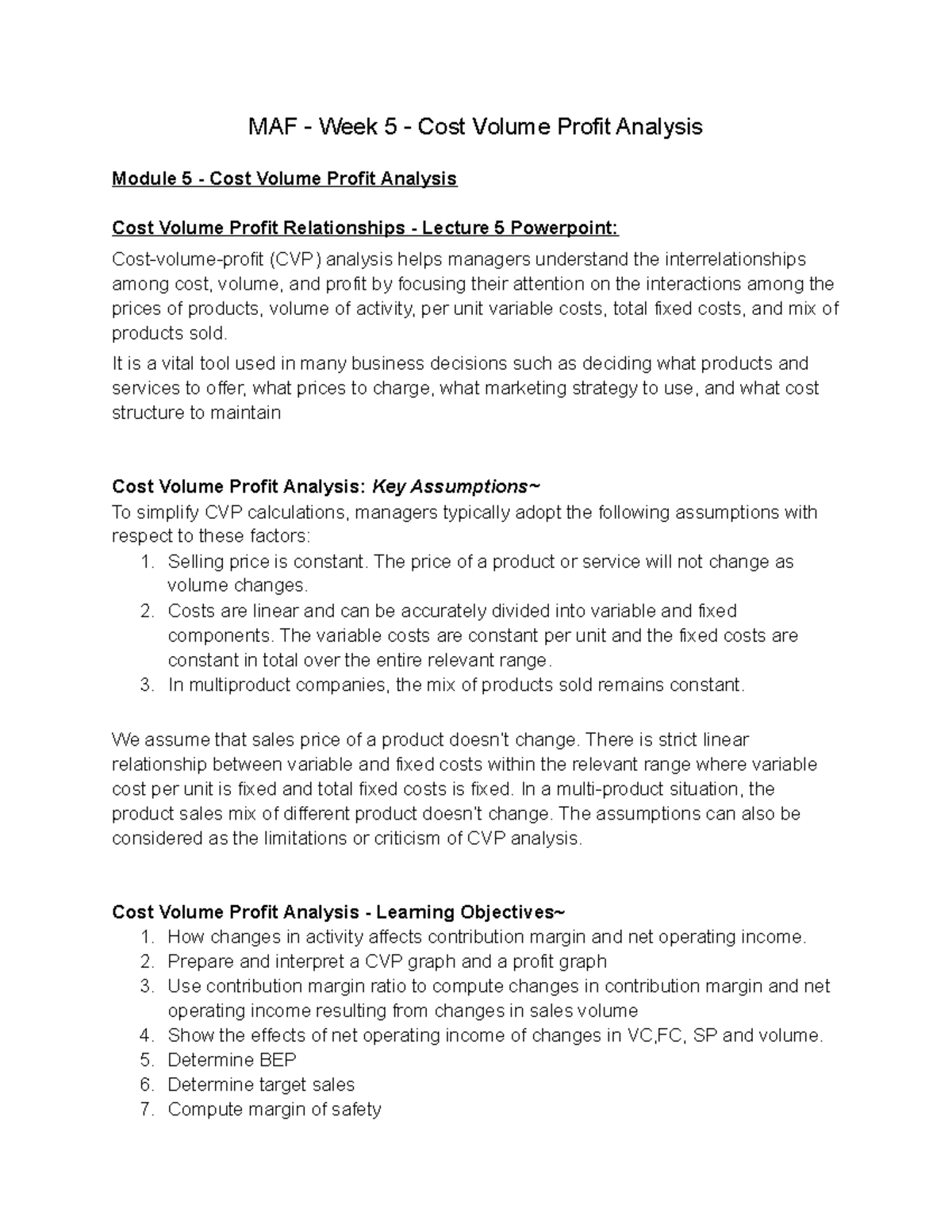 MAF - Week 5 - Cost Volume Profit Analysis - MAF - Week 5 - Cost Volume ...