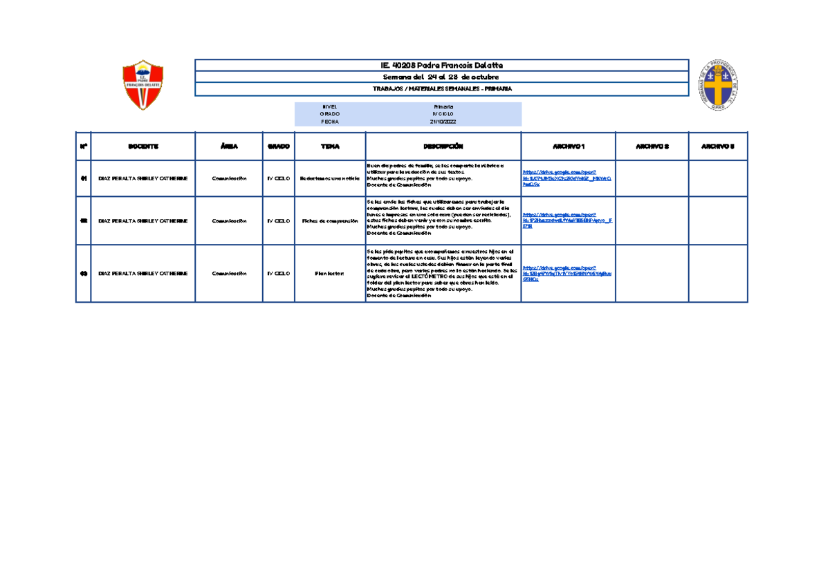 IV Ciclo - Semana DEL 24 AL 28 DE Octubre - IE. 40208 Padre Francois ...