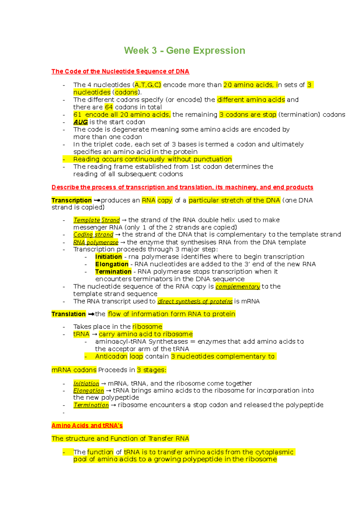 Week 3+4 - Lecture notes 3-4 - Week 3 - Gene Expression The Code of the ...