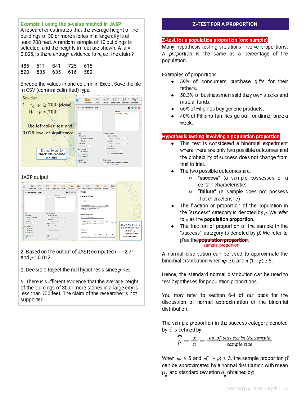 STAT Finals- Notes - Example 1 using the p-value method in JASP A ...