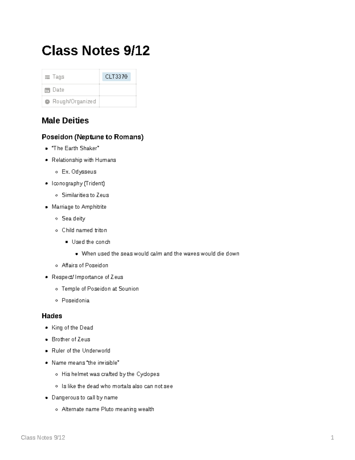 Male deities - Greek - Class Notes 9/ Tags CLT Date Rough/Organized ...