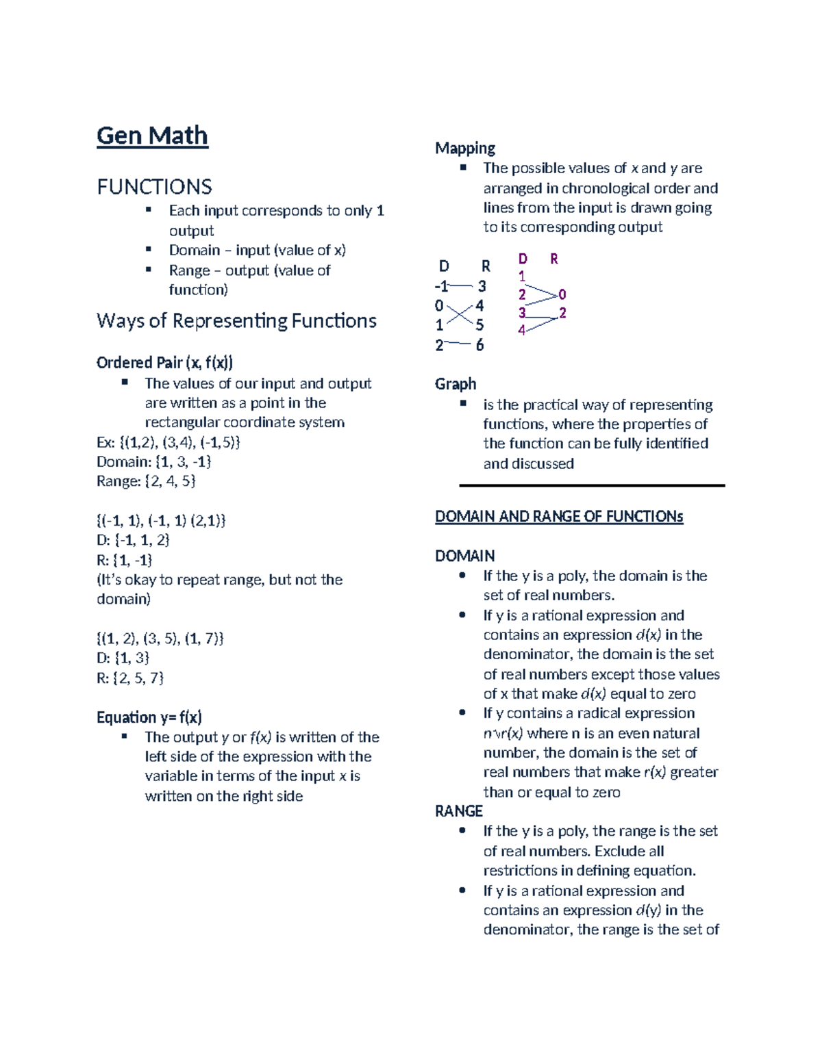 Gen-Math - Gen Math Notes - Gen Math FUNCTIONS Each input corresponds ...